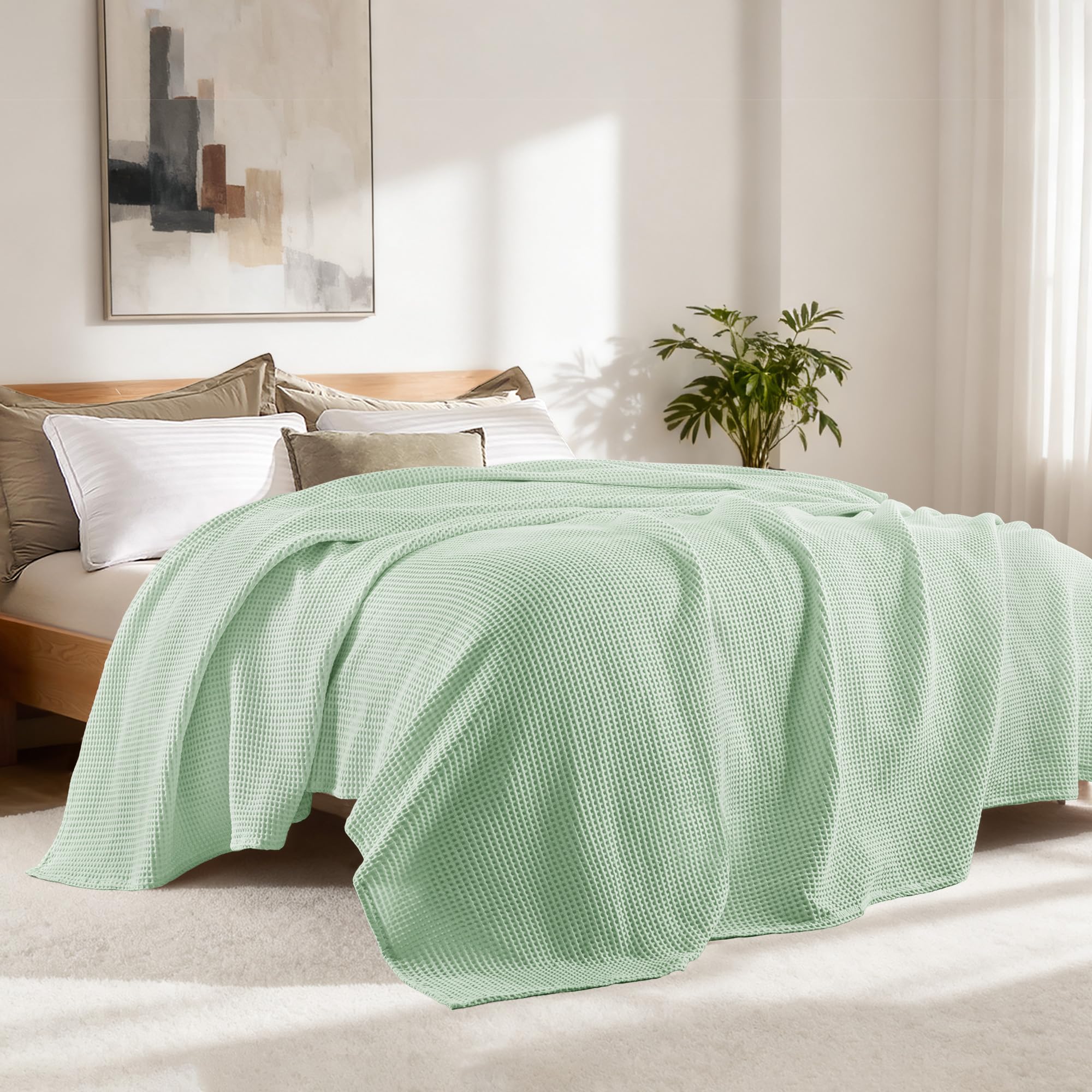Exclusivo Mezcla Coperta in Puro Cotone 100%, Coperta Trama Waffle come Copriletto, Morbida Leggera e Traspirante, Copripiumino per Divano e Letto, Tutte le Stagioni, 230x270 CM, Verde Salvia