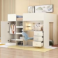 Vista 21 de Cama tipo loft de tamaño matrimonial con escritorio en forma de U, 1 armario y 2 cajones, 4 estantes de almacenamiento, marco de cama de madera