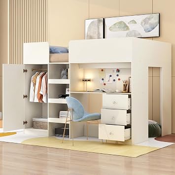 Full Size Loft Bed with Built-in Wardrobe, Desk, Storage Shelves and Drawers, Beige