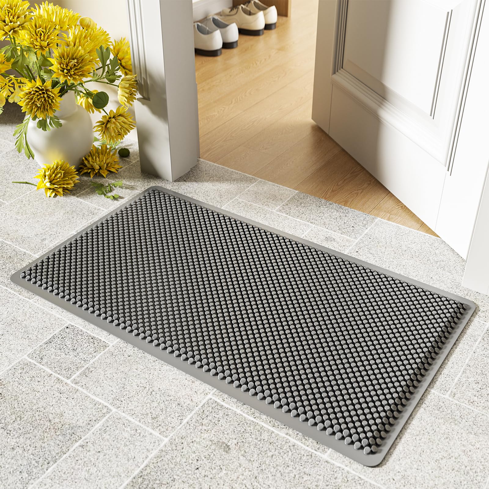 ASOBEAGE Silicone Outdoor Mat for Front Door: Anti Slip Waterproof Indoor Entrance Mat for Garage Garden Indoor Outside Industral Pool (30 ''x 17''-Grey)
