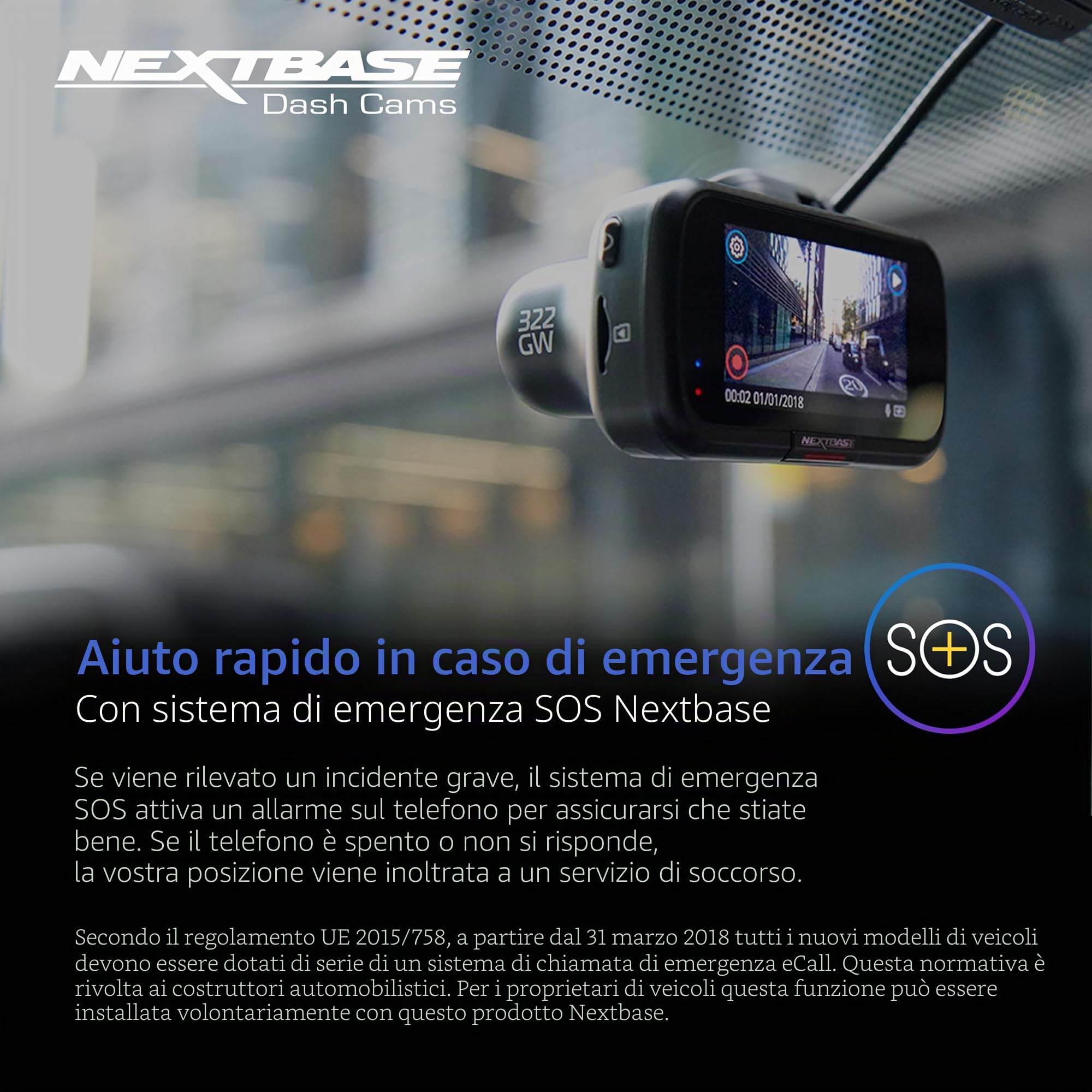 Nextbase® 322GW Dash cam Auto | Modalità di Parcheggio 24/7 | Dashcam Auto 1K 1080p 60fps | Schermo Tattile da 2,5" Telecamera | Camera con Angolo di Visione di 140° | MicroSD da 64 GB Inclusa