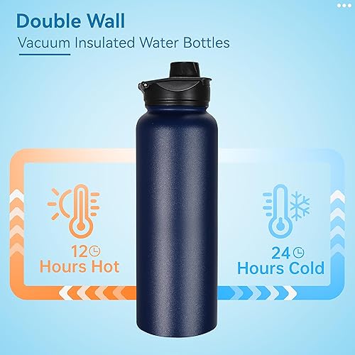 Miniatura 3 de VEGOND Botella de agua aislada de 40 onzas, botellas de agua deportivas de acero inoxidable con tapa de popote a prueba de fugas y tapa de boquilla,