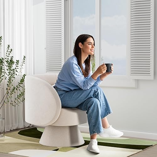 Miniatura 5 de Silla giratoria de barril para sala de estar, silla redonda pequeña tapizada de 360, moderna y acogedora silla individual para dormitorio, oficina