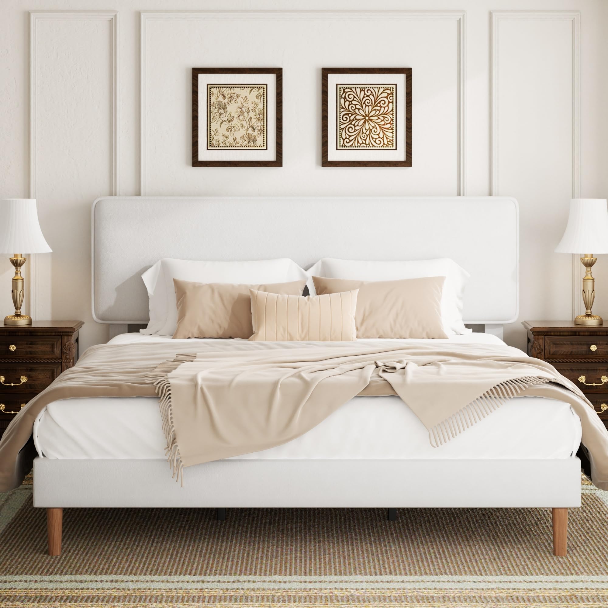 King Size Upholstered Platform Bed Frame PU Leather Adjustable Headboard No Box Spring Needed Wood Slats Support Easy