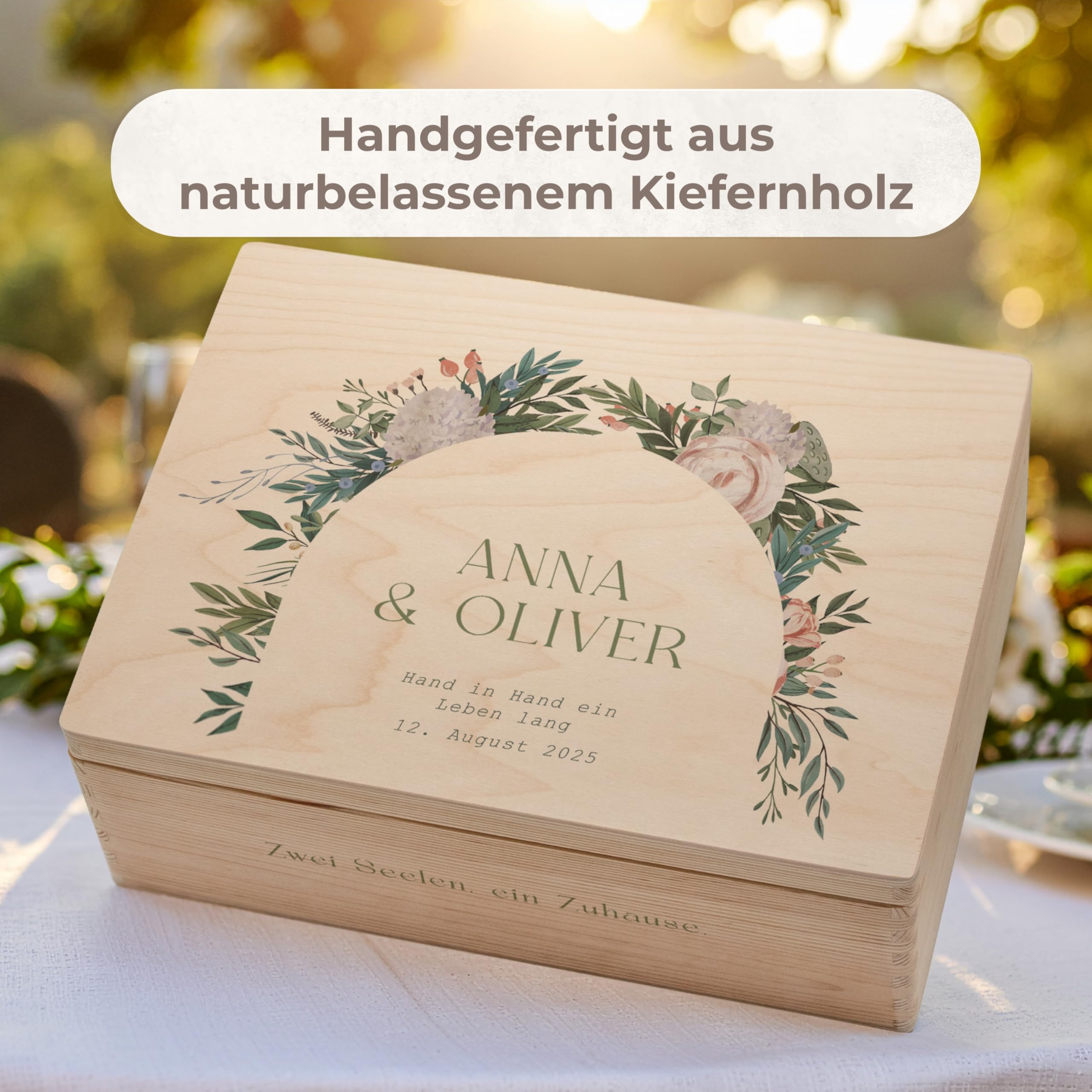Amari ® Personalisierte Erinnerungsbox aus Holz | Blütenbogen (001.09) | Individuelles Hochzeitsgeschenk Erinnerung Hochzeit Personalisiertes Holzkiste