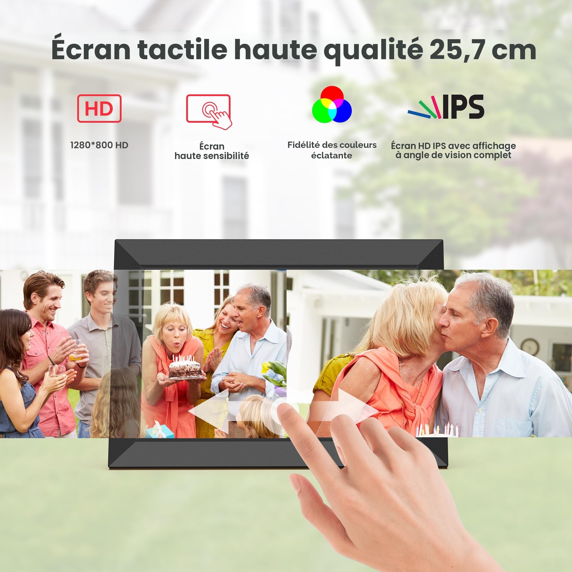 Frameo Cadre Photo Numérique WiFi 10,1 Pouces avec Mémoire Intégrée de 32 Go, Écran Tactile HD 1280x800 IPS pour Partager Photos et Vidéos, Support Multilingue, Rotation Automatique, Montage Mural