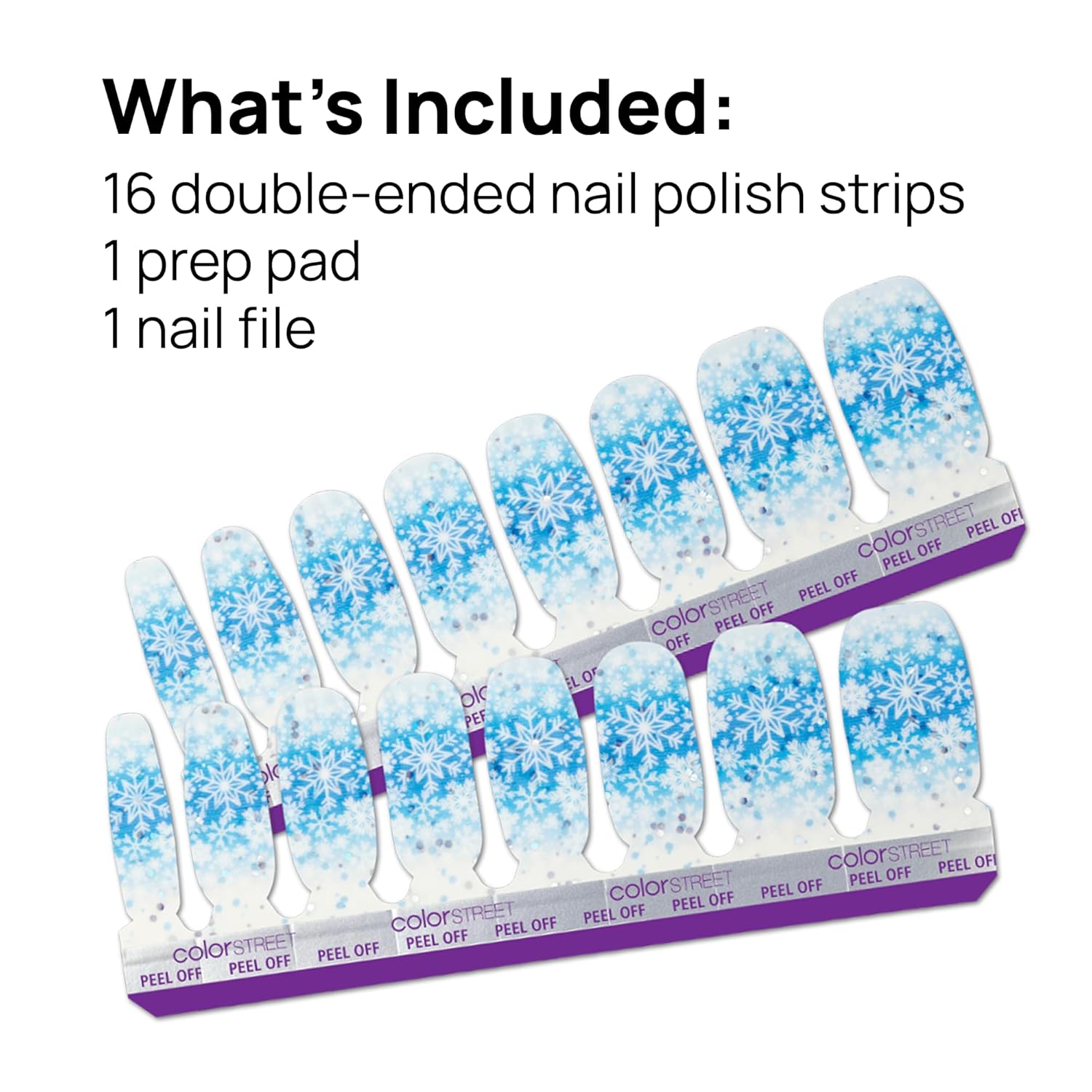 Color Street - First Snow - Blue & White Ombre Nails with Snowflake Design, Real Nail Polish Strips, Winter Holiday Manicure - 16 Double-Ended Strips