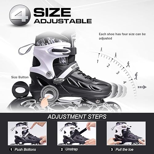Miniatura 3 de METROLLER Patines en línea para niñas y niños, mujeres, hombres, 4 tallas ajustables, patines en línea con ruedas que se iluminan, patines Negro