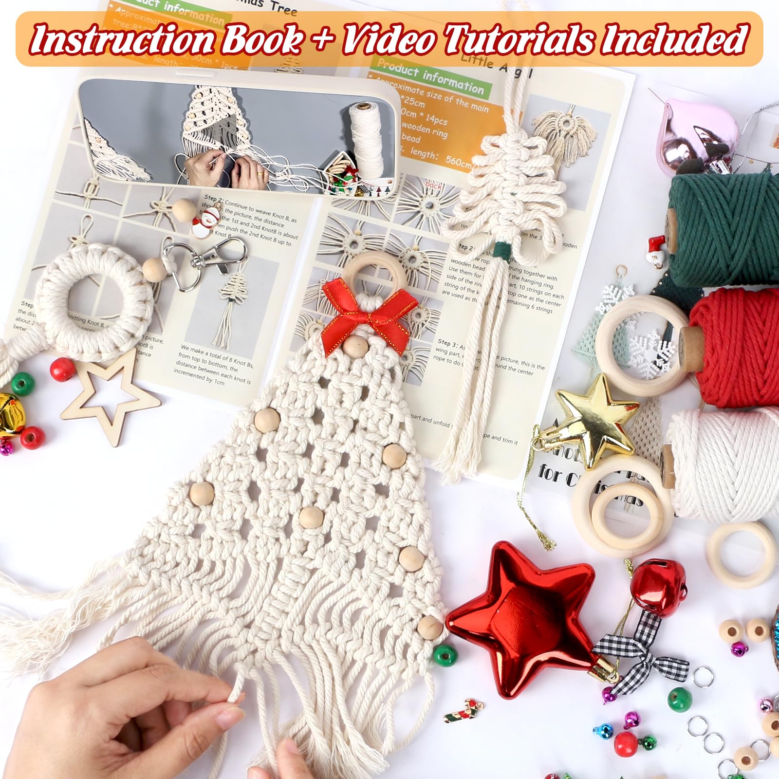Beginners Macrame Kit for Christmas Featuring 3mm Macrame Cord, Beads, Rings - Image 4