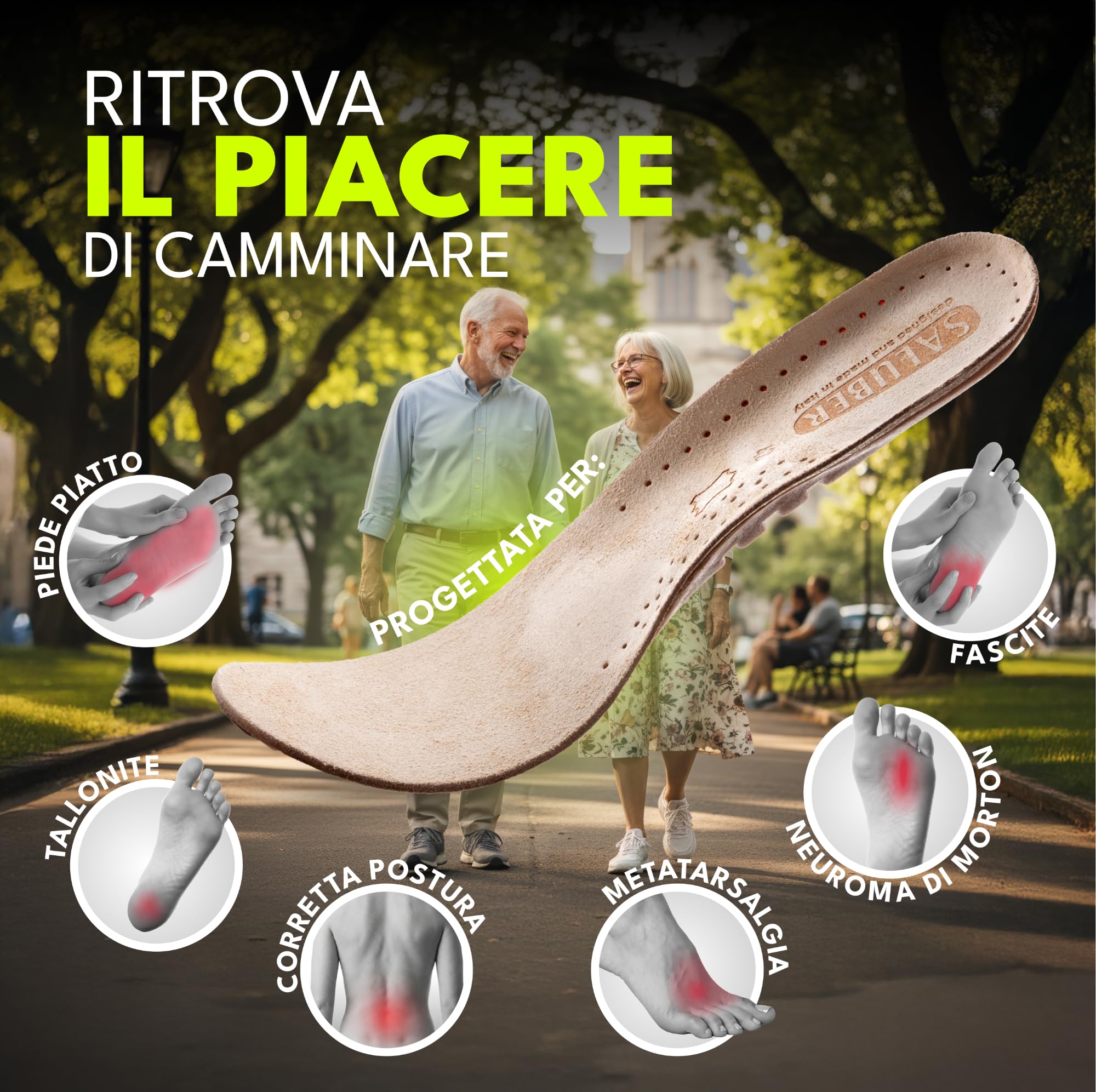 Saluber Solette Ortopediche Plantari Naturali per Fascite Plantare, Piede Piatto, Tallonite, Neuromi, Correzione Postura, con Supporto Arco Plantare e Assorbimento Urti, Fatto a Mano in Italia (38)