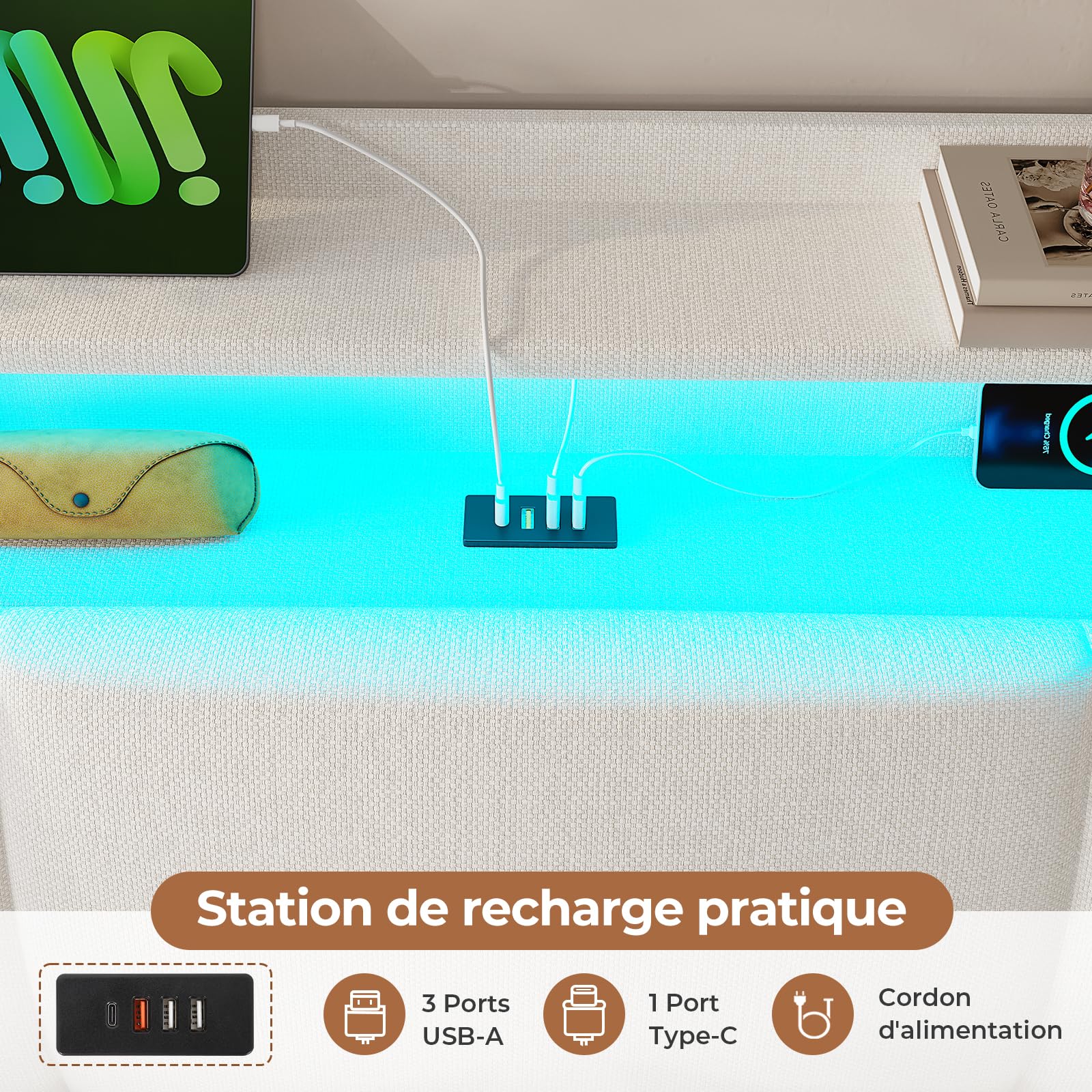 AOGLLATI Lit Coffre 140×190 avec LED et Ports USB,Tête de Lit capitonné avec Étagères Ouvertes et Rangement Caché, lit 2 Personnes avec Hydraulique, Sommier à Lattes, Lin Beige (sans Matelas)