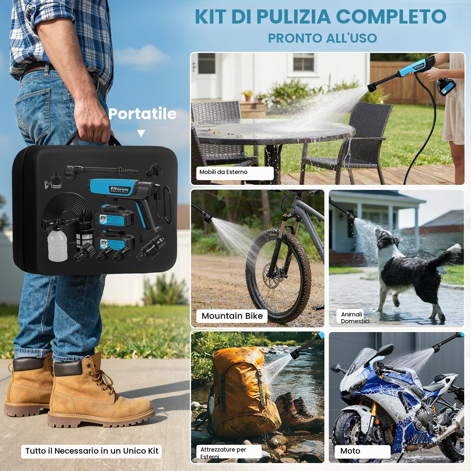 Idropulitrice Portatile a Batteria,Idropulitrice a Batteria 21V 80 bar,2x 4000mAh Ricaricabile Ugello 6 in 1 Tubo da 10M,Senza Fili Potente Pulivapor Portatile,Per Giardino Auto e Pulizie Esterne Casa