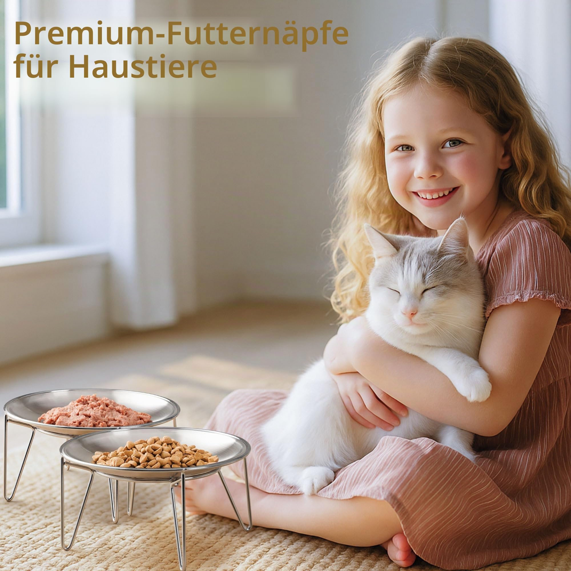 Erhöhter Edelstahl-Katzennapf, Angenehm für die Schnurrhaare | Flaches Design, ideal für Trocken- und Nassfutter, spülmaschinenfest, leicht zu reinigen