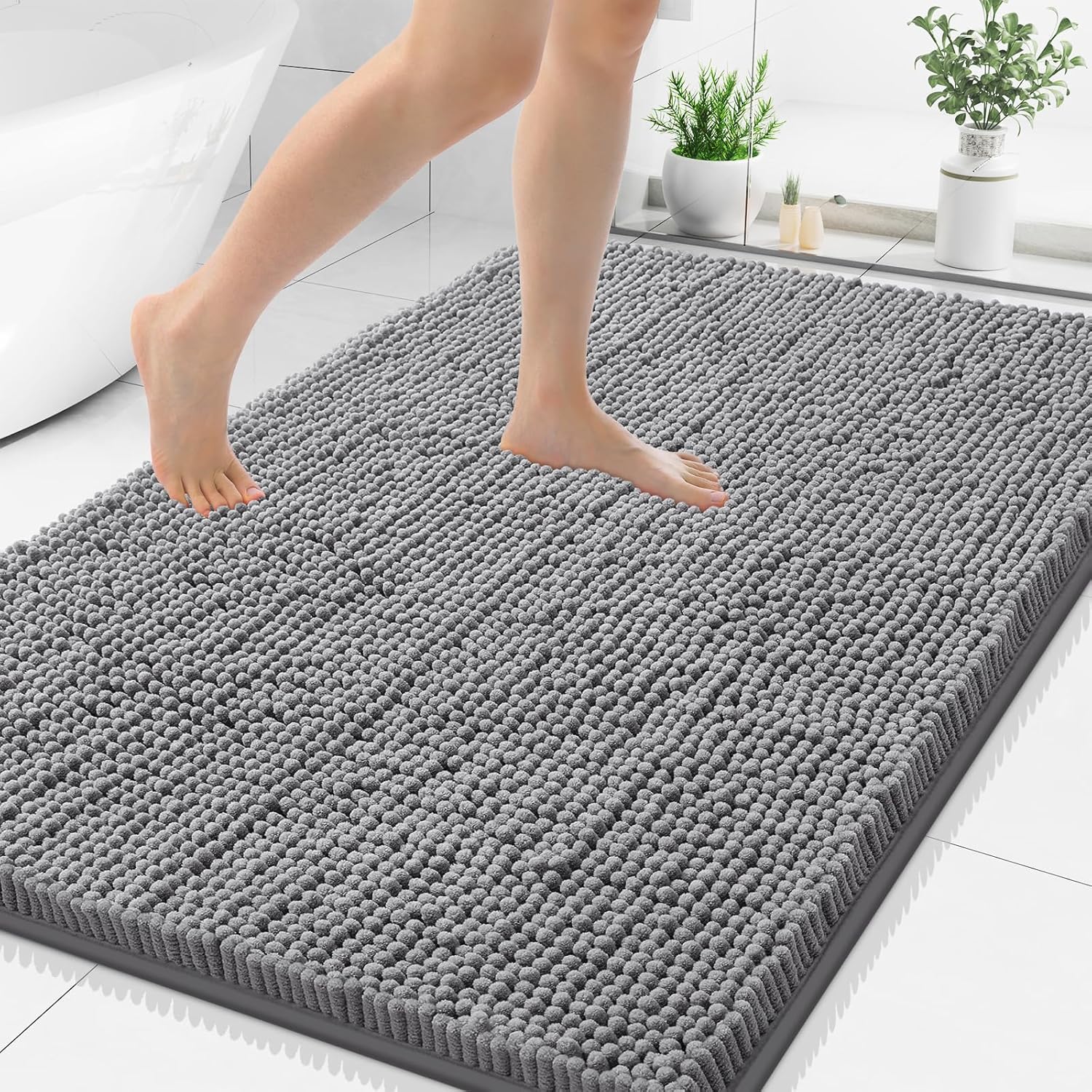 Smiry Luxury Chenille Bathroom Rugs 40x32, Extra Soft and Absorbent Shaggy Bath Mat, Machine Washable, Non-Slip Plush Carpet Runner for Tub, Shower, and Floor, Home Decor Accessories, Grey 40'' x 32'' Grey