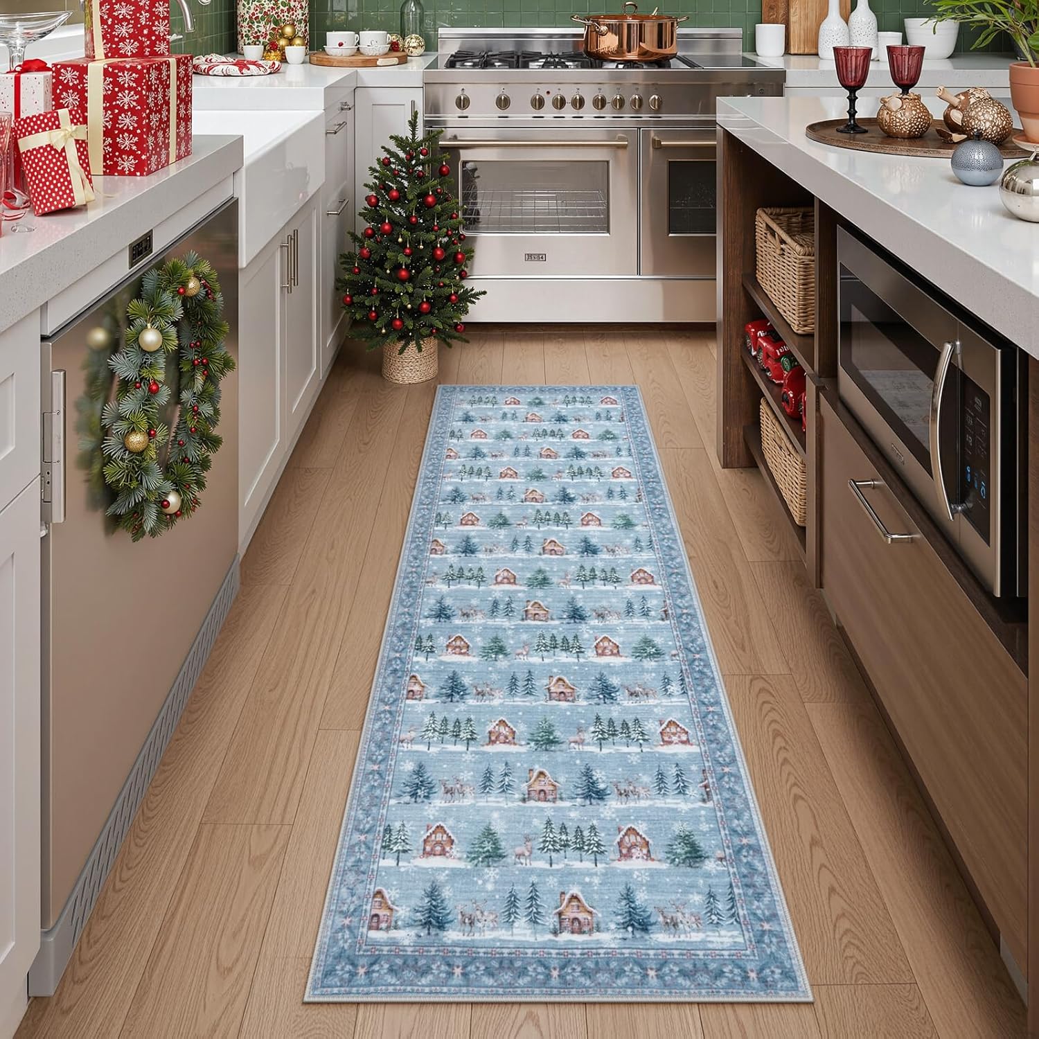 LEEVAN Christmas Runner Rug 2x6 Blue Rug Runner for Entryway, Washable Non Slip Hallway Rugs, Stain Resistant Kitchen Rugs, Xmas Holiday Decor for Bathroom Bedside Carpet