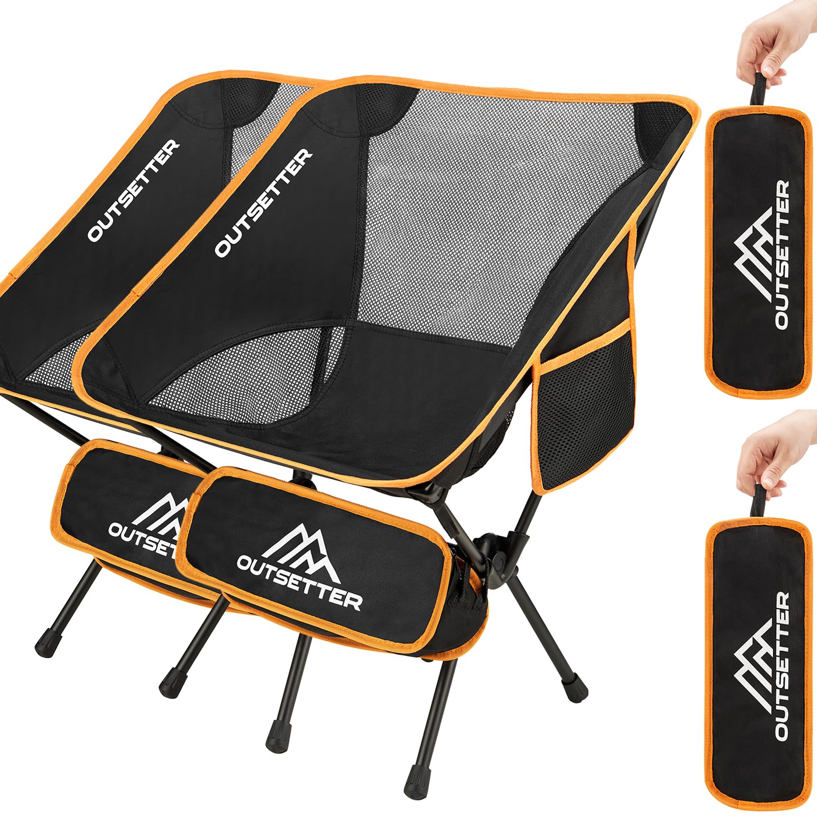 Set of 2 Lightweight Folding Camping Chair Compact Portable Ultralight Fishing Chairs for Adults and Kids Small Camp Beach Chair with Carry Bag Outdoors Lawn Hiking Trip Travel Picnic Garden Orange