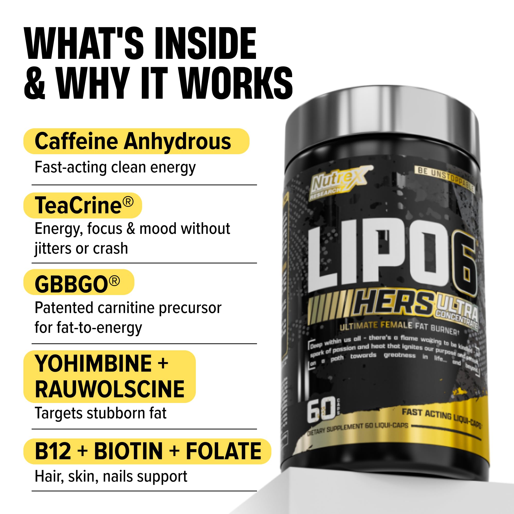 Lipo-6 Black Hers Ultra Concentrate | Weight Loss Pills for Women | Fat Burner, Appetite Suppressant, Metabolism Booster for Weight Loss + Hair, Skin, & Nails Support | 60 Diet Pills — Amazon image 5