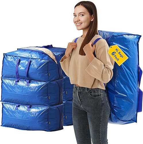 Bolsas de mudanza extragrandes Paquete de 6 bolsas de mudanza resistentes Correas resistentes para mochila con asas, cremalleras, bolsas de
