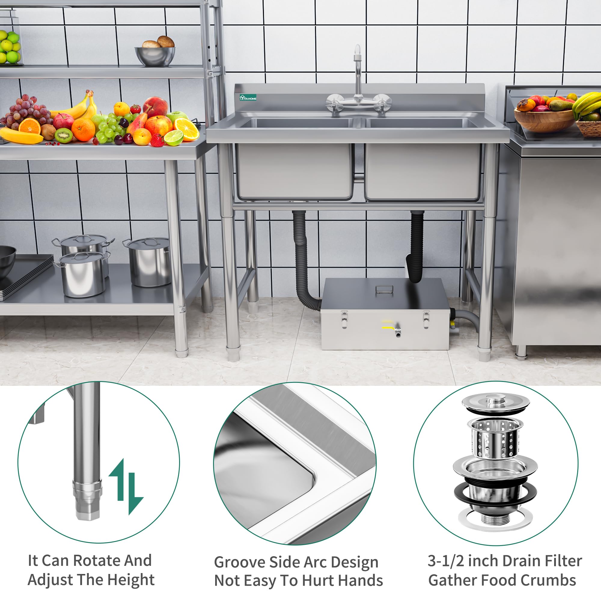 YITAHOME Évier de cuisine, de restaurant en acier inoxydable, évier de restauration sur pied, portable, extérieur, double cuvette, évier utilitaire pour hôtel, maison, bar, buanderie, garage