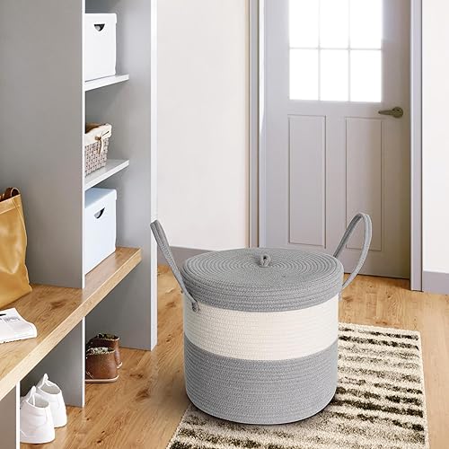 Miniatura 14 de Cesta de almacenamiento grande de 15 x 13 pulgadas con tapa, cesta de manta para sala de estar, cestas de cuerda de algodón tejida para Marrón