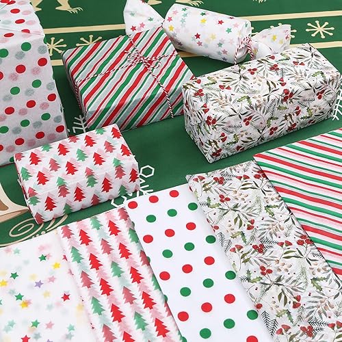 Miniatura 6 de PAPER FAIR Juego de 100 hojas de papel de seda de regalo de estrella de Navidad, papel de seda surtido de regalos de Navidad, color rojo y verde,