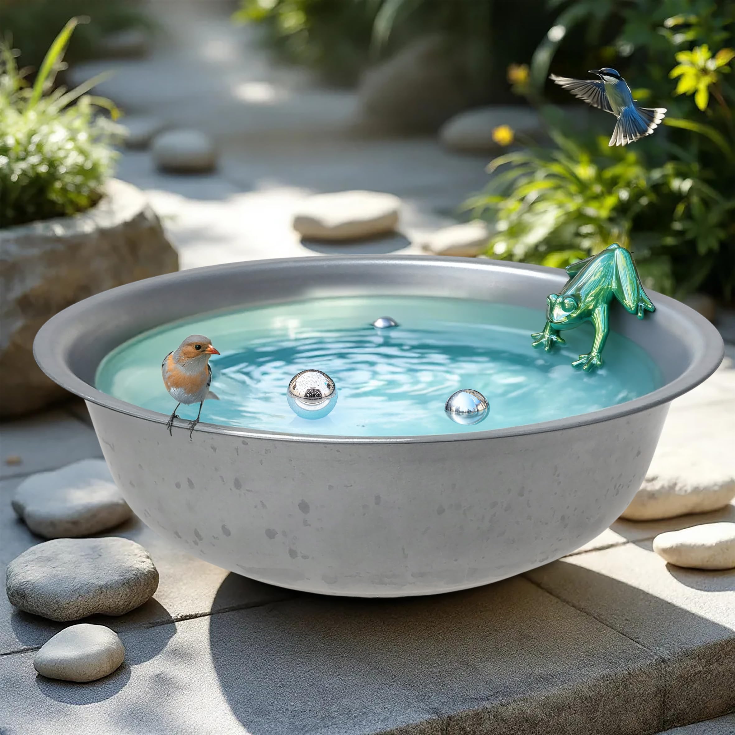 Spetebo Mini estanque de jardín redondo plateado - 52 cm - gran maceta de metal para jardín decorativo - estanque ornamental en miniatura para balcón - bandeja de estanque - maceta para plantas