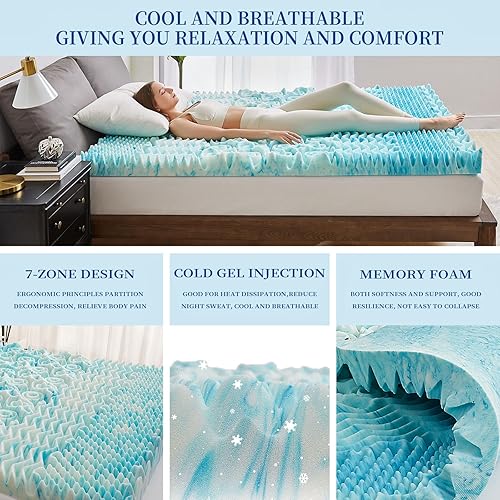 Miniatura 5 de Cubrecolchón individual XL de 2 pulgadas de espuma viscoelástica de 7 zonas, colchón de espuma de gel refrescante, almohadilla de colchón suave