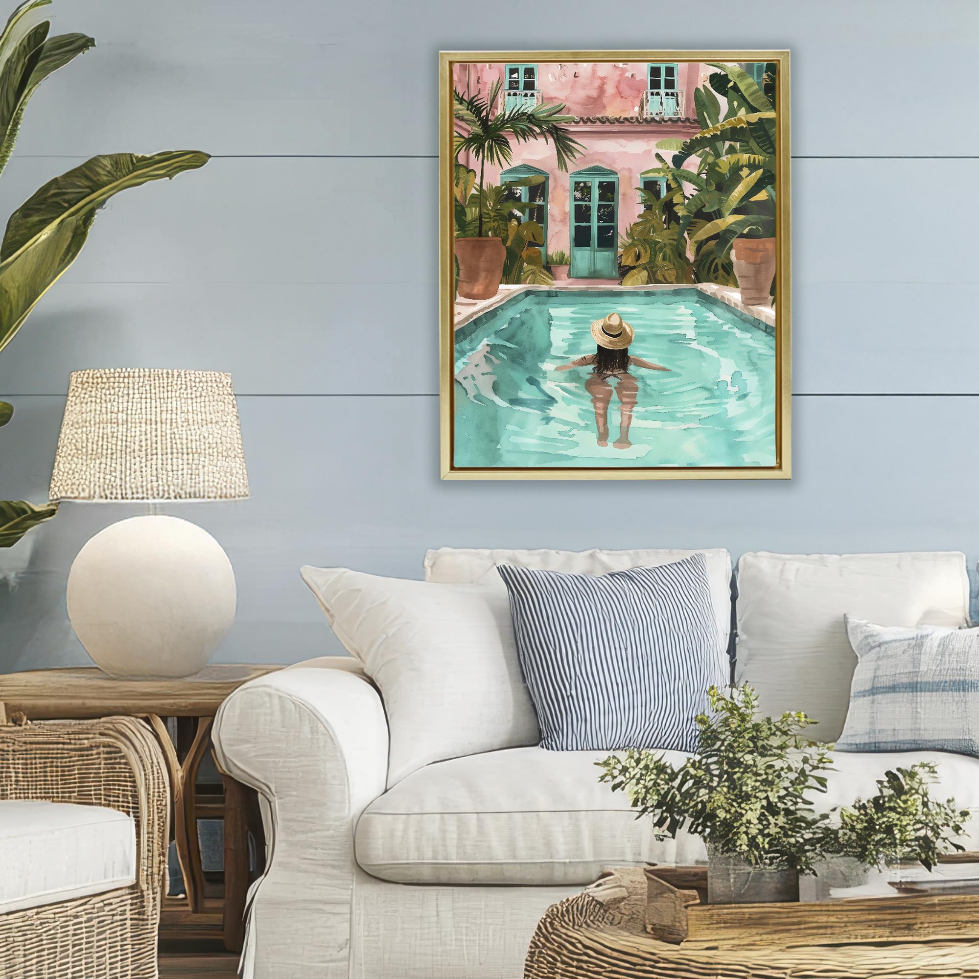 Poolside Tropical Escape, lienzo de 24 x 30 pulgadas en marco flotante