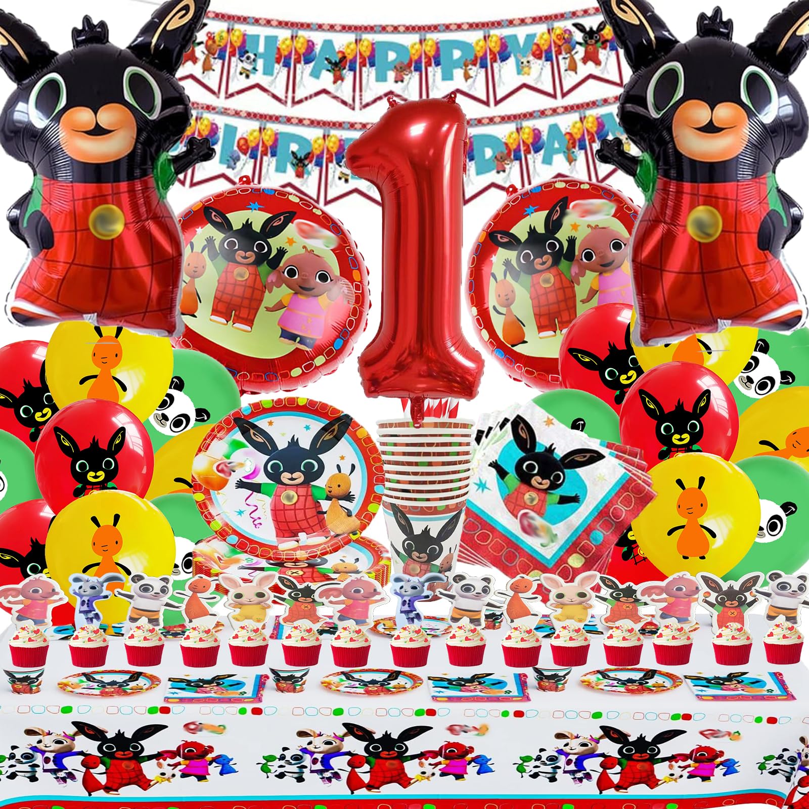 Bing Compleanno 1, 101 Pcs Stoviglie esta C-ompleanno, Bing Decorazioni per la tavola del C-ompleanno del Coniglietto, Piatto Bandiera Tovagliolo Tazza Tovaglia per Feste