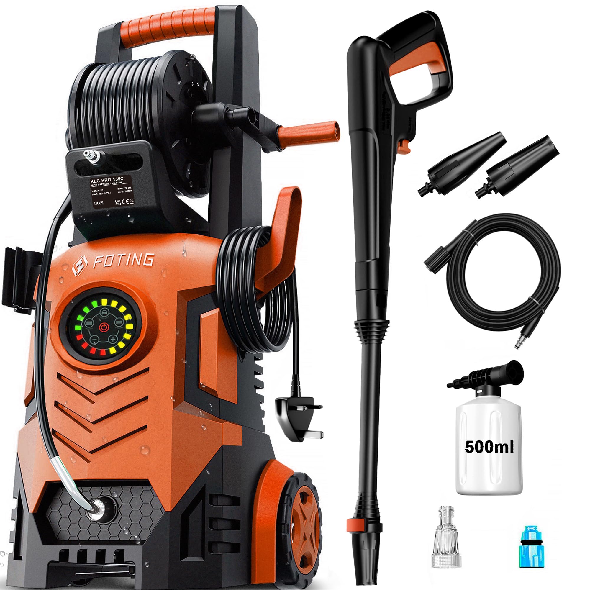 Pressure Jet Washers 200bar, w/8 Level Touch Screen 500l/h Flow Rate, 90CM Tall, Coverage: max. 60㎡/h, 500ml Foam Cannon and 6-in-1 Spray Nozzles, Jet Washer Power Washers for Patio/Car/Home Cleaning
