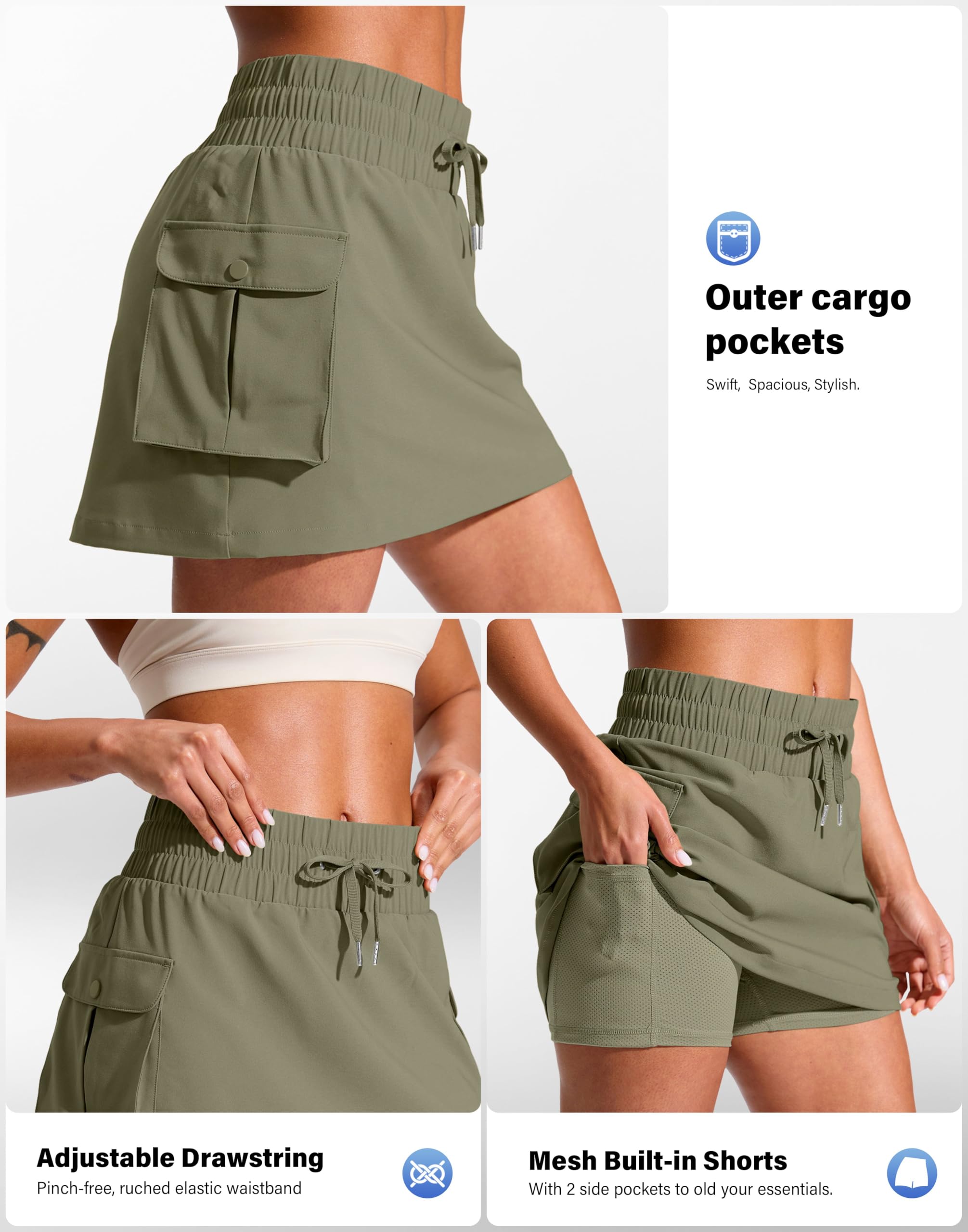 SANTINY Jupe-short cargo de 35,6 cm pour femme avec 4 poches et cordon de serrage taille haute pour le golf, la randonnée, les voyages d'été décontractés