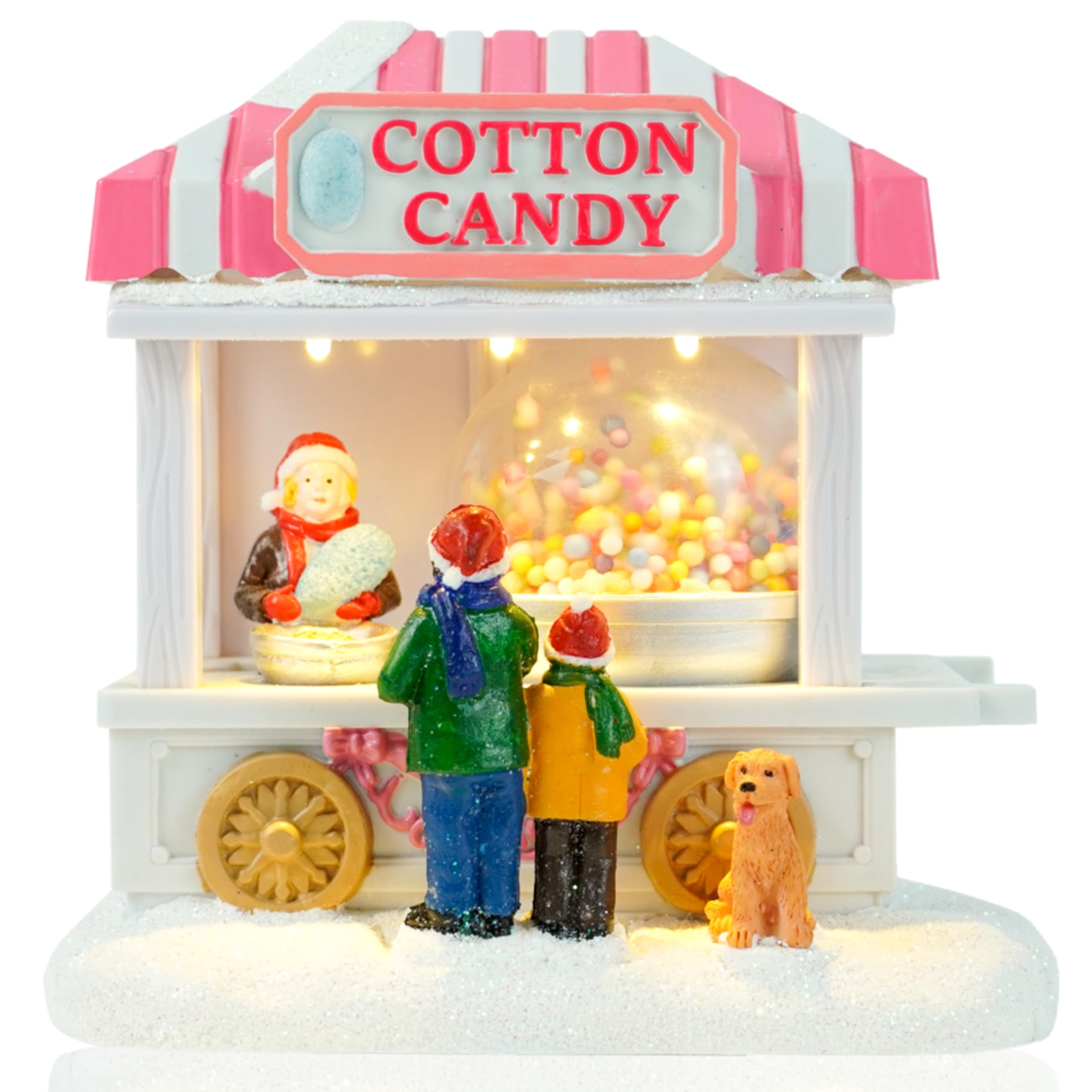 TIN DREAMS | Bancarella Zucchero Filato con Movimento e Luci LED | Scena Natale Animata | Casetta Illuminata per Villaggio in Miniatura, Cittè | Addobbi Decorazione Natalizia Casa