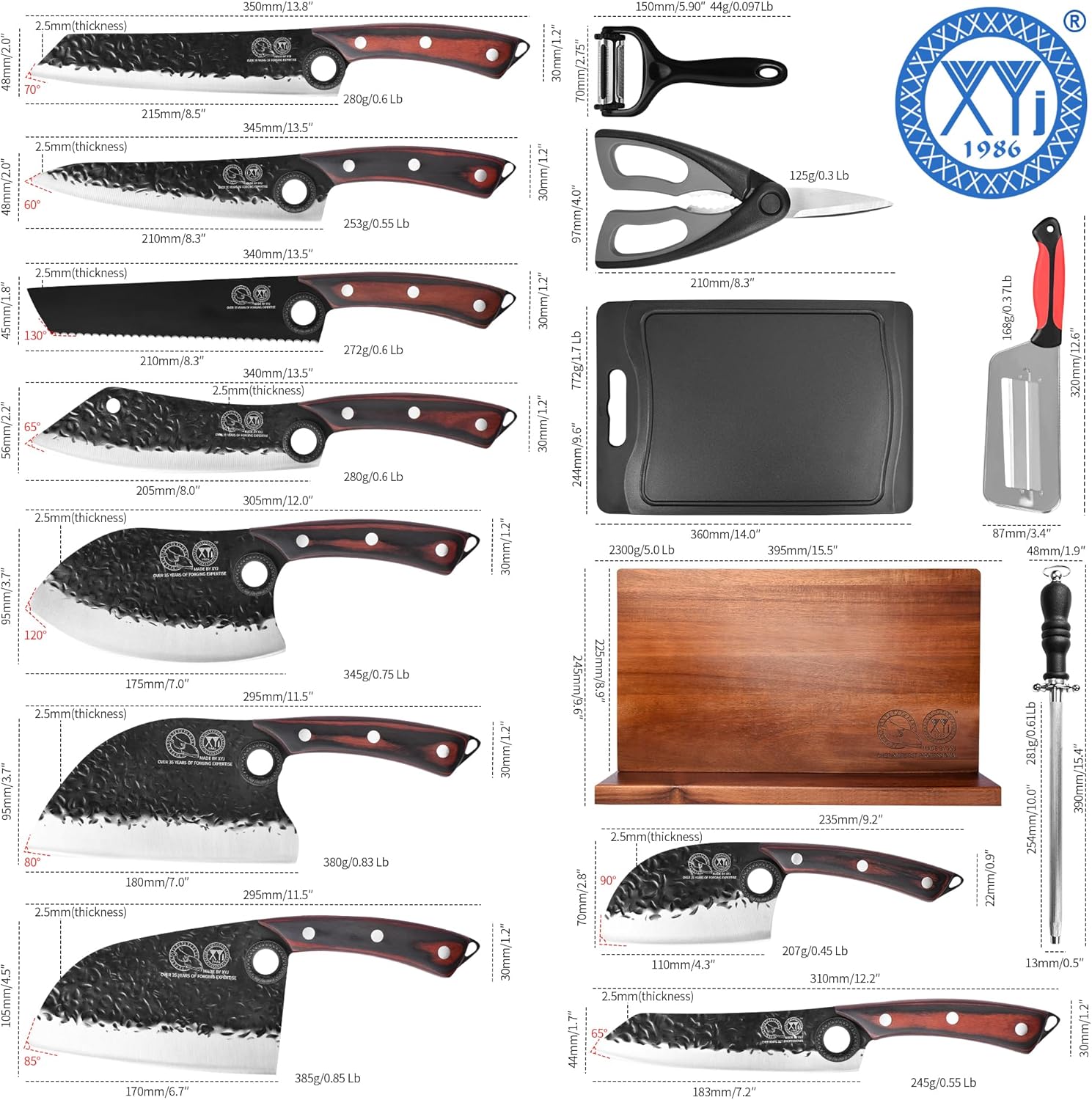 XYJ Knife Block Set, Professional Kitchen Knife Set with Magnetic Knife Block, Cutting Board, Honing Steel, High-Carbon Steel forged Blades, Chef's Knife, Cleaver, Carving Knife, Full Tang Design