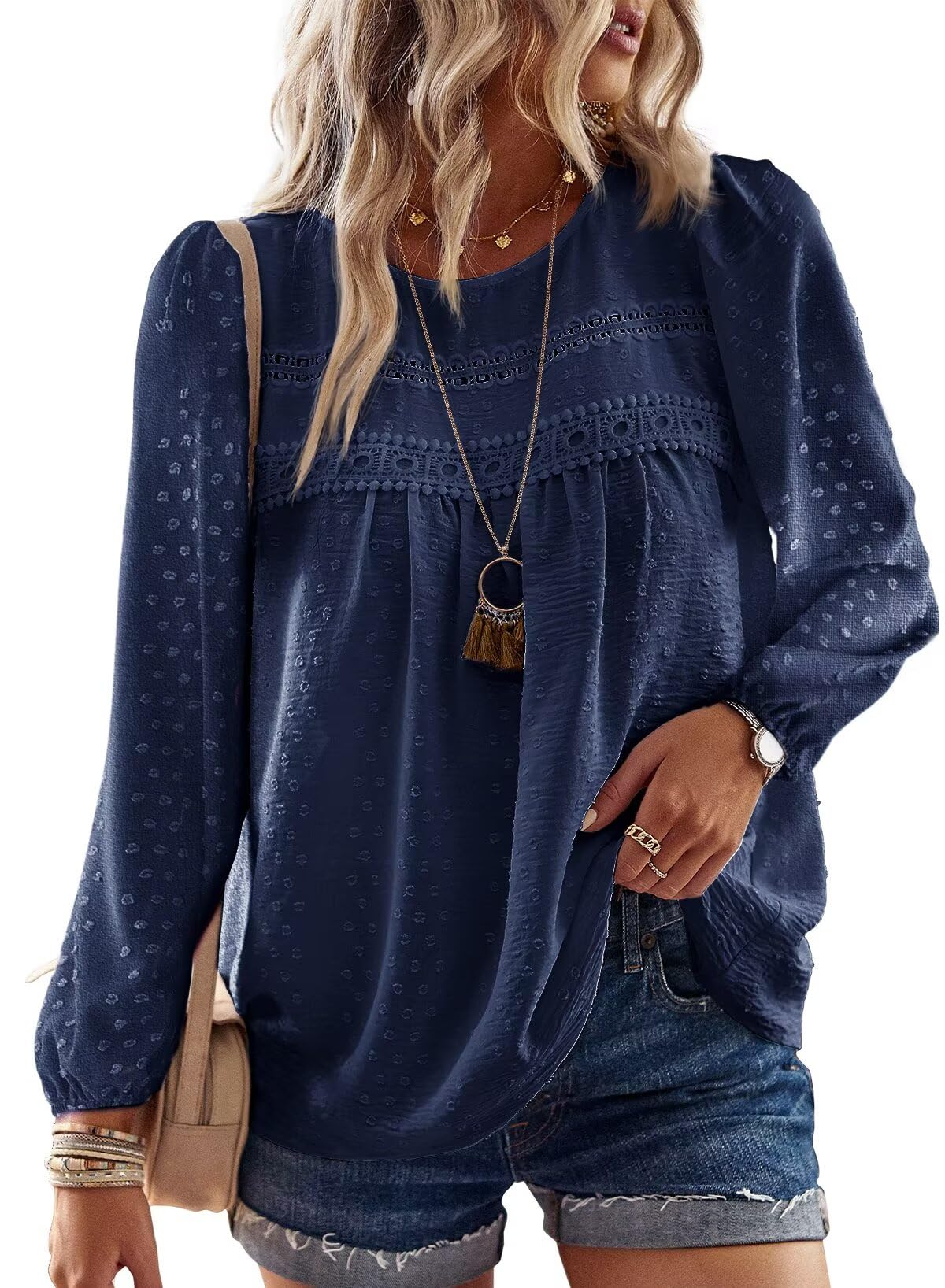 TUUHAW Langarmshirt Damen Boho Top Oberteile Fließend Elegant Frühling Herbst Tunika Rundhals T Shirt Süß Lässig Outfits Spitze Winter Kleidung