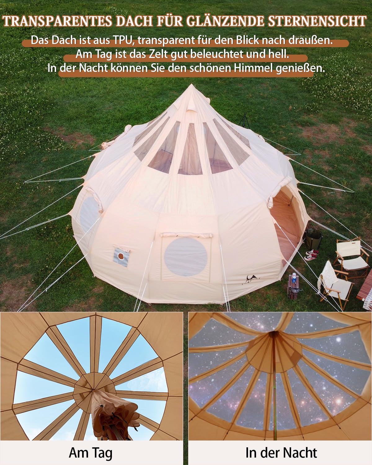TOMOUNT Tipi Baumwolle Zelt 8 Personen Zwiebelzelt Große Familienzelt Canvas Pyramiden Jurtenzelt Glamping Wassertropfen-Zelt für Camping, Hiking, Festival, Parties, Musikfest, Hochzeit