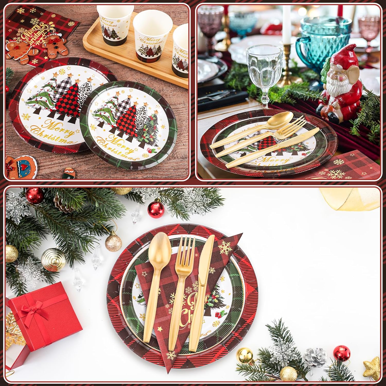 350 Pcs Christmas Paper Plates and Napkins Set, Buffalo Plaid Xmas Tree Disposable Dinnerware Set Holiday Party Plates for Xmas Winter New Year Holiday