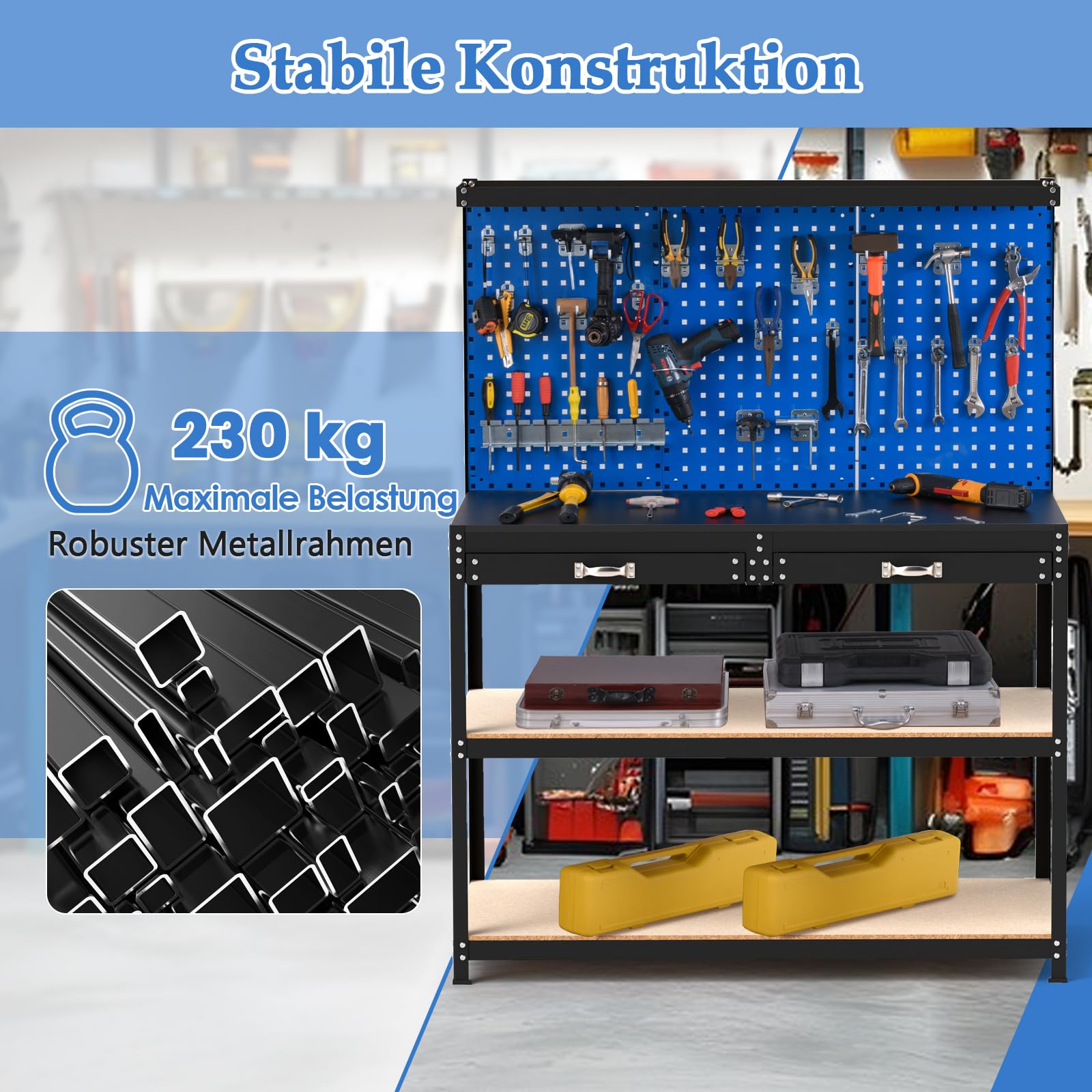 GYMAX Werkbank mit Lochwand, Arbeitstisch mit 24 Werkzeughaken, 2 Schubladen & offenen Regalen, Werkzeugbank bis zu 230 kg belastbar, robuste Werktisch für Garage, Werkstatt & Zuhause (Blau)