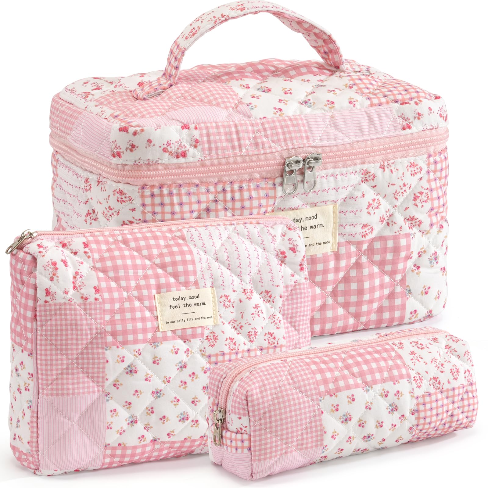 Makeup Bag for Women 3PCS Quilted Cotton Make Up Bag Travel Cosmetic Bag Large Makeup Bag Set Cute Makeups Organizer Floral Toiletry Pouch for Purse, Shabby Chic Pink