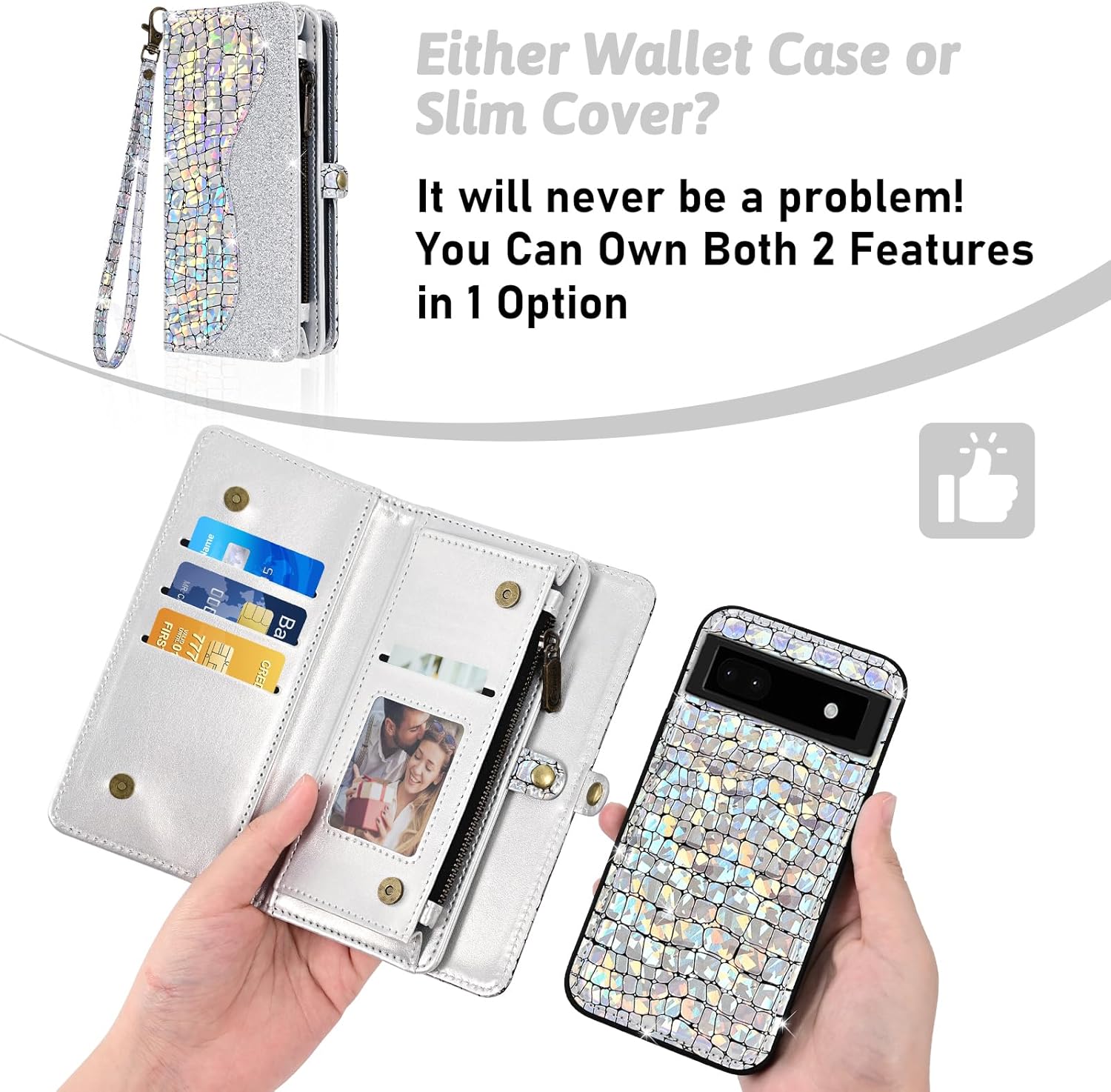 Asuwish Phone Case for Google Pixel 6A 5G 2022 Zipper Wallet Detachable with Tempered Glass Screen Protector Cover and Card Holder Slot Wrist Strap Purse Flip Cell Mobile Pixel6A A6 Women Men Silver
