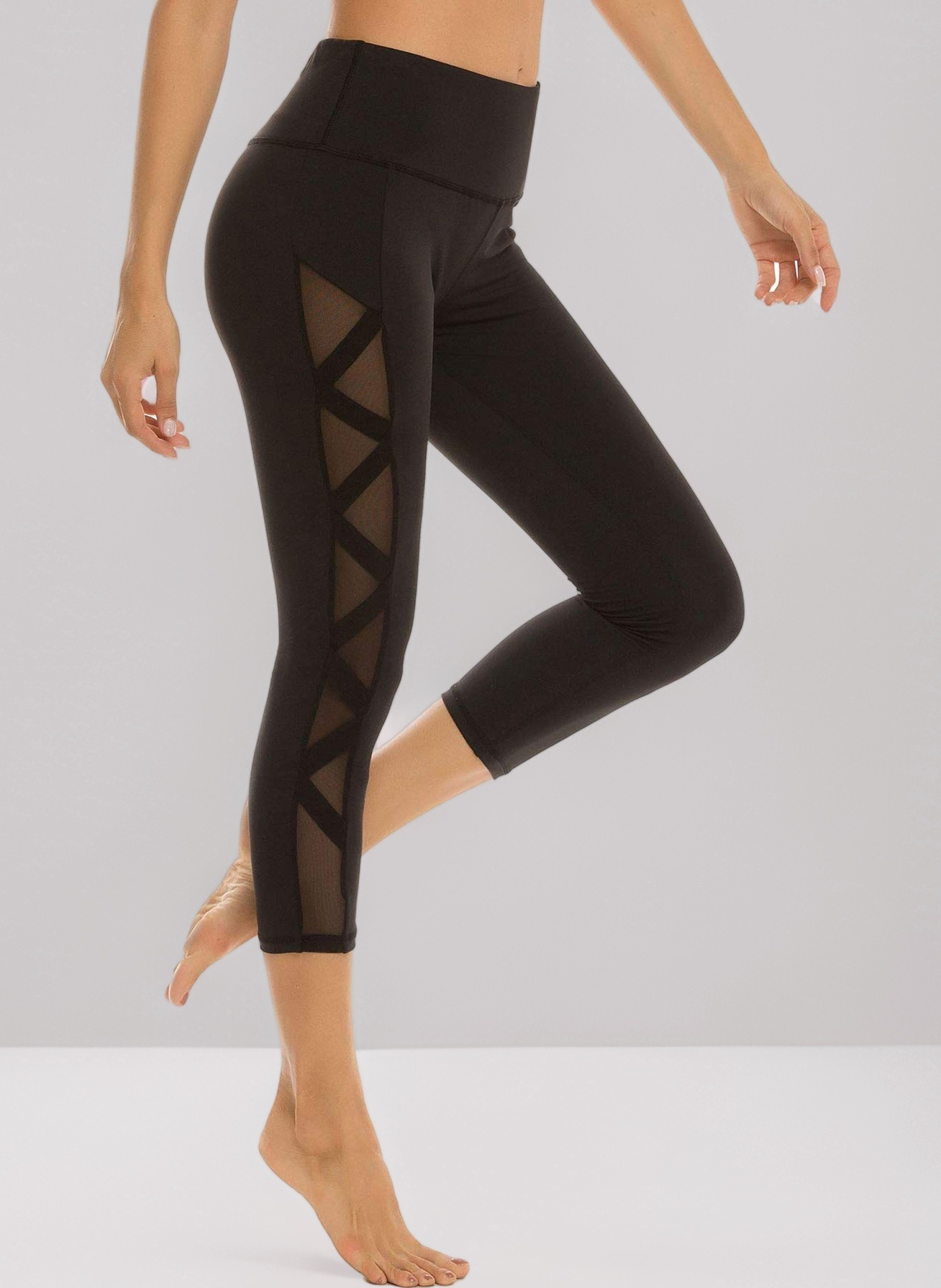 romansong Women's Mesh Leggings Yoga Pants with Pocket, Non See-Through Capri High Waisted Tummy Control 4 Way Stretch