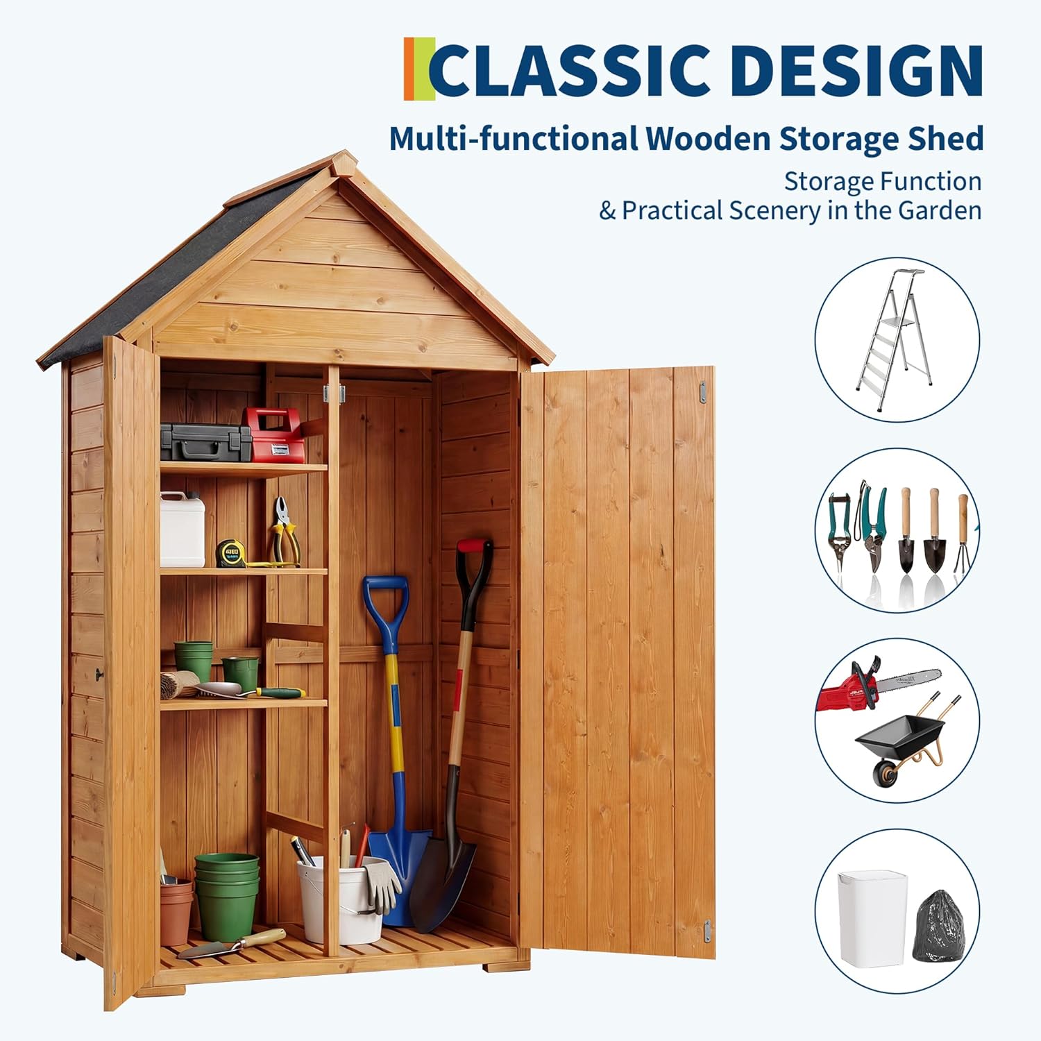 Wooden Outdoor Storage Cabinet with 3 Shelves & Floor - Waterproof Lockable Garden Tool Shed for Patio, Backyard, Deck, Lawn Organization Tall Wood Shed with Floor and Waterproof Roof