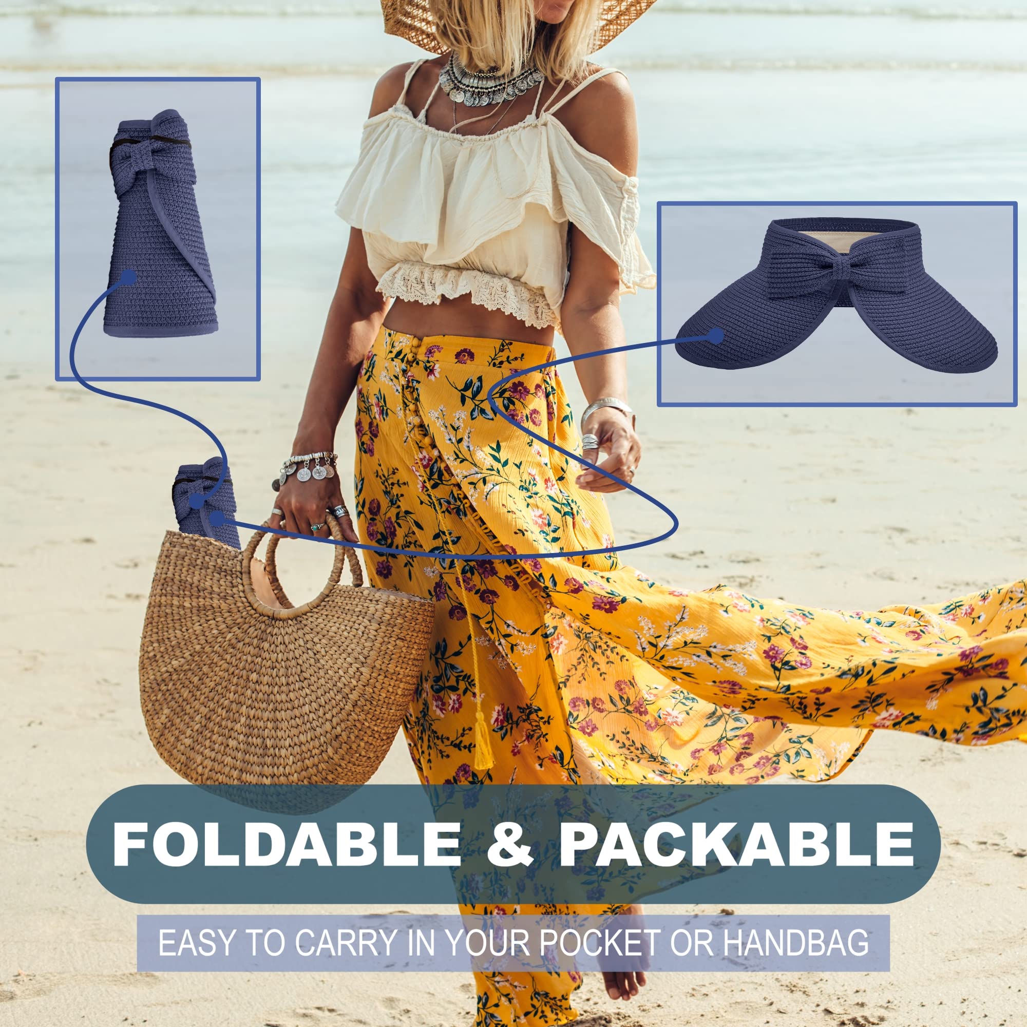Visera solar de paja para mujer, ala ancha, protección UPF 50+, sombrero de playa, ajustable, plegable, gorra de cola de caballo con correa para la barbilla, marino, Talla única 5