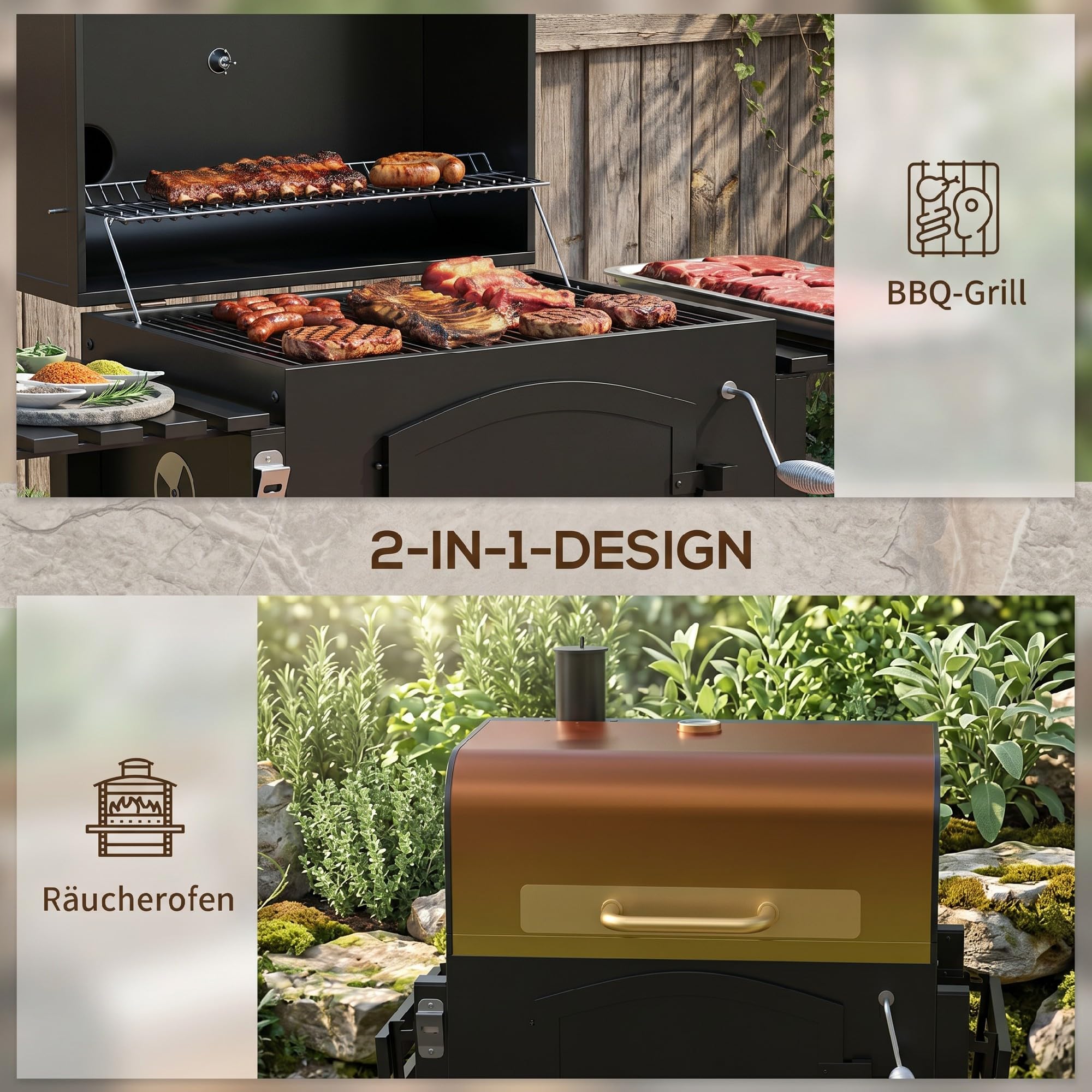 Outsunny Barbacoa de carbón vegetal con tapa y estantes, parrilla de pie con estantes para ahumar, placa de calentamiento, ruedas de transporte para fiestas en el jardín, metal, 124 x 66 x 112 cm