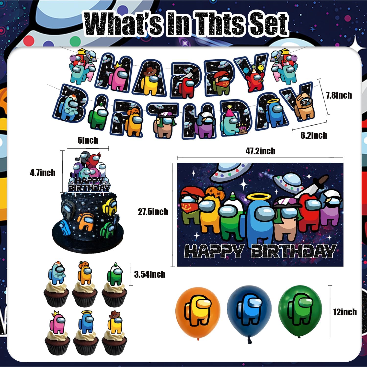 42Packs Among Game Party Supplies Pack Includes，Banner，Cake Topper，Blackdrop,Balloons for Among Birthday Party Decoration