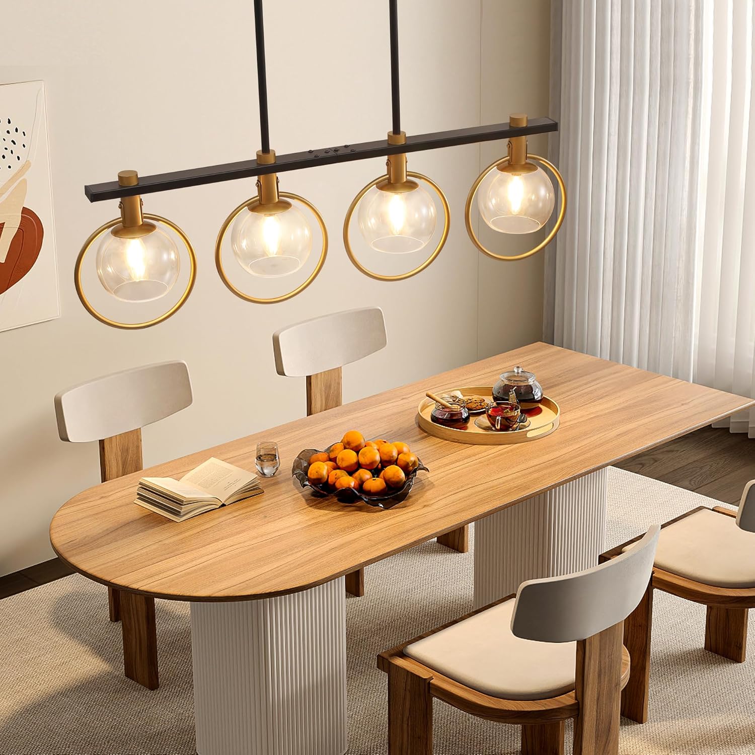 Gold Black Chandelier Modern Dining Room Light Fixture 4-Light Kitchen Island Lighting Hanging for Farmhouse Linear Chandeliers Mid Century Chandelier with Clear Glass Globe Shade