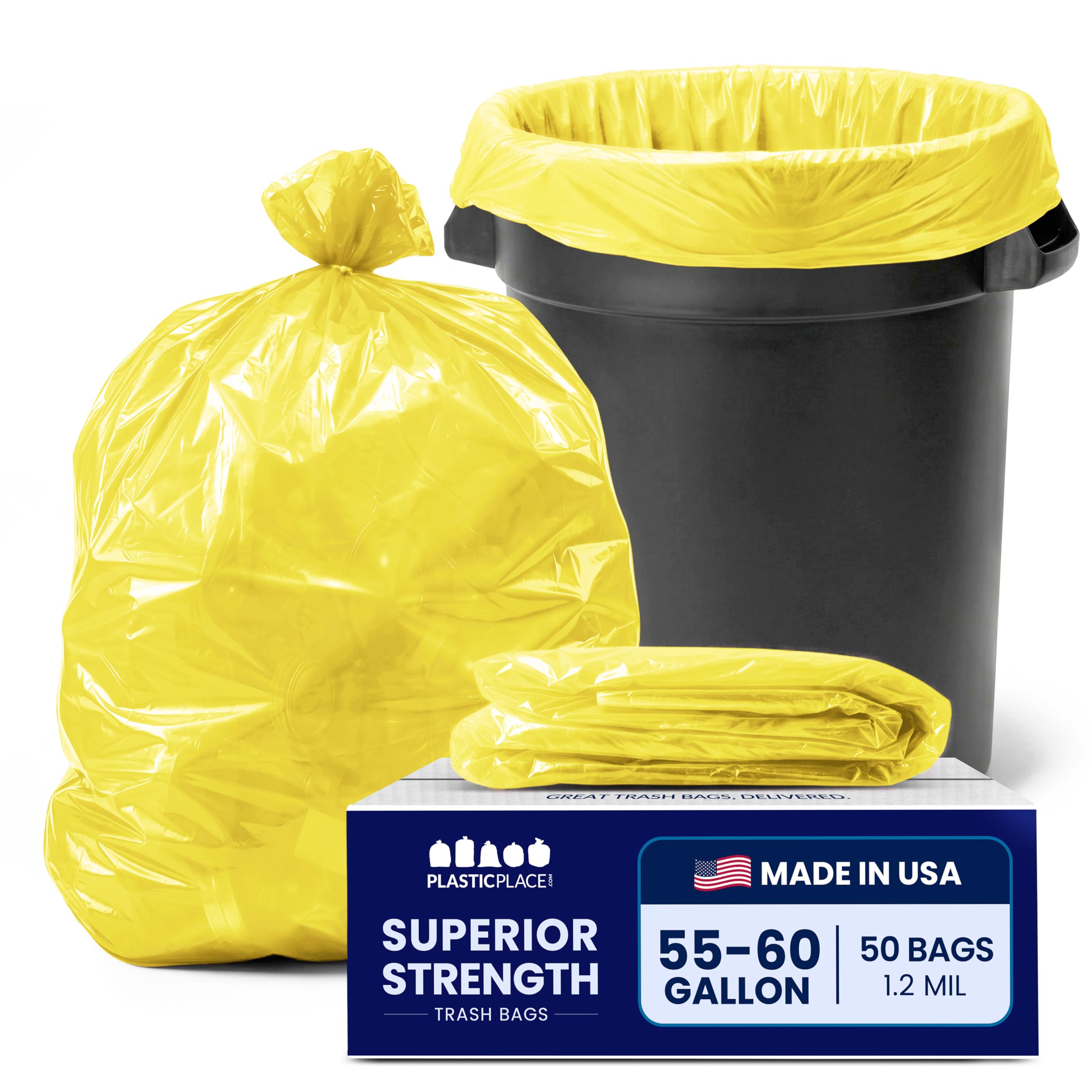 Plasticplace T55120YL worki na śmieci o pojemności 55–60 galonów │ 1,2 Mil │ żółte wytrzymałe pojemniki na śmieci │ 97 x 147 cm (50 szt.)