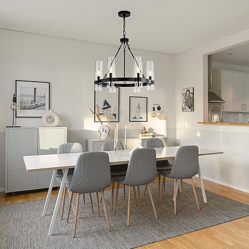 Miniatura 7 de Lámpara colgante de rueda negra de 22 pulgadas con pantalla de cristal, 6 lámparas, moderna lámpara de araña redonda de granja, adecuada para