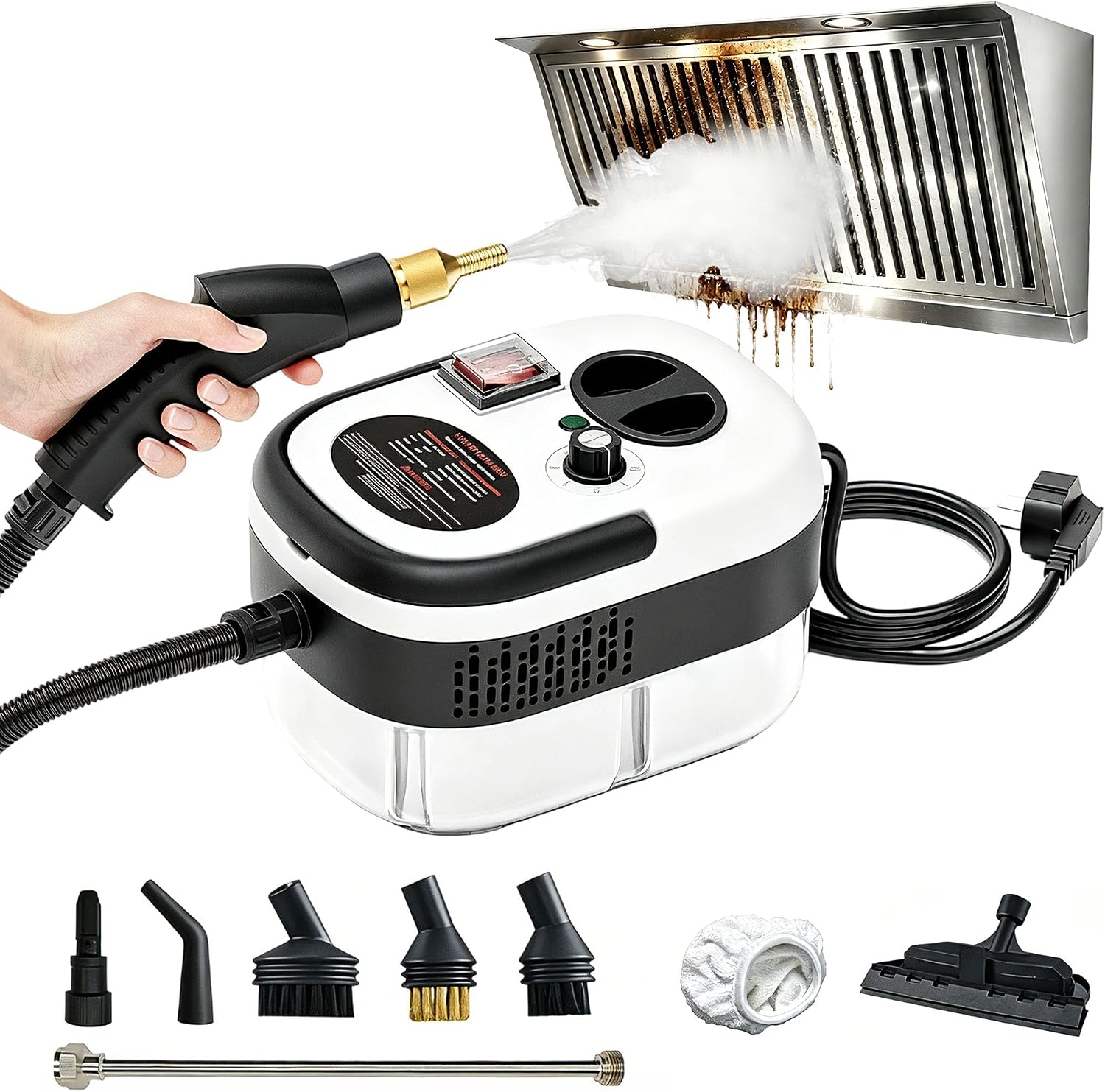 Handheld Steam Cleaner, 2500w High-Temperature Pressurized Cleaner for Kitchen & Bathroom, Fast Heat in 10s, 6 Levels, 40.6oz Tank, Multi Attachments for Grease, Grout, Sofa & Car (White)