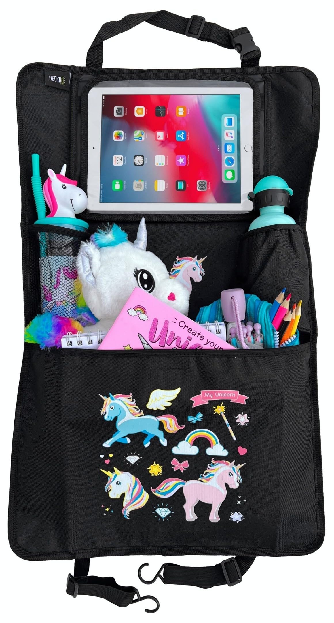 HECKBO 1x dziecięcy organizer na oparcie fotela samochodowego z regulowaną kieszenią na tablet, miejsce na akcesoria – Jednorożec – 70x45 cm – w zestawie uchwyt na napoje