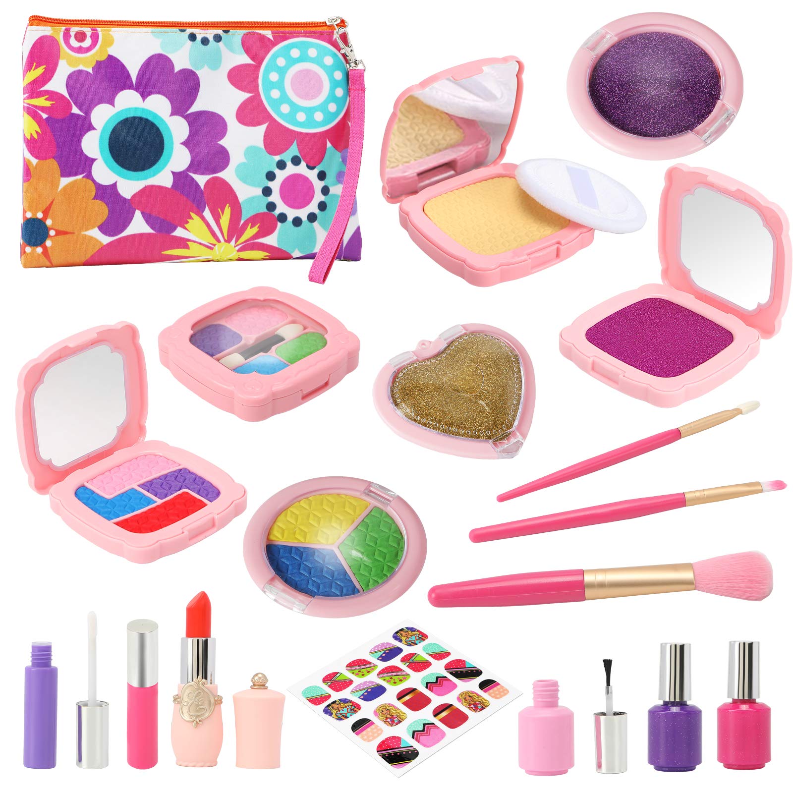 Sunhop Kids Makeup Kit for Girl, 19PCS Pretend Play Makeup Kids Toy with Cosmetic Case, Christmas Halloween Birthday Gifts for Girls Toddlers Aged 3 4 5 6 7 8 9 10